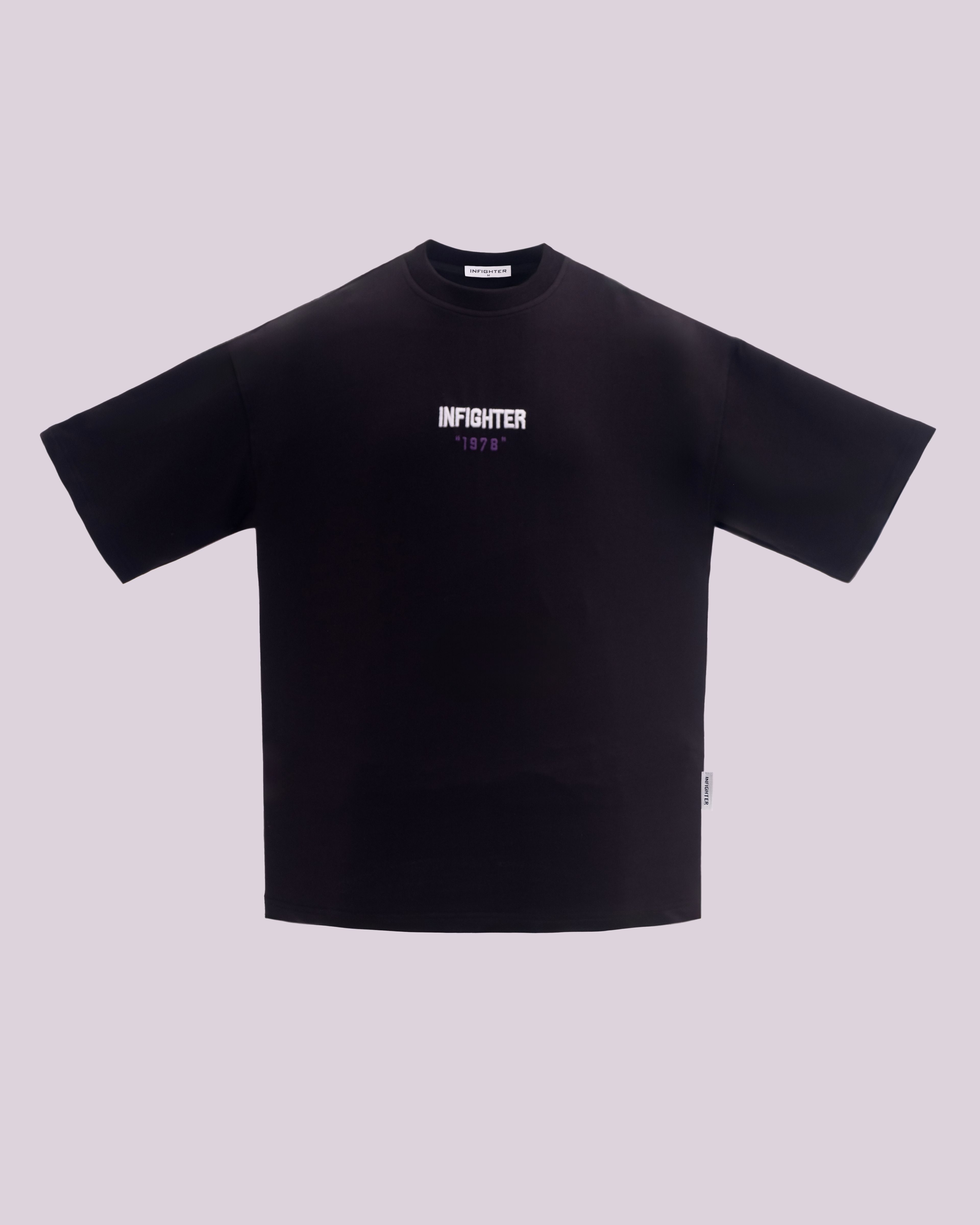 Erkek Kısa Kol Leather Applique Oversize Siyah Tişört