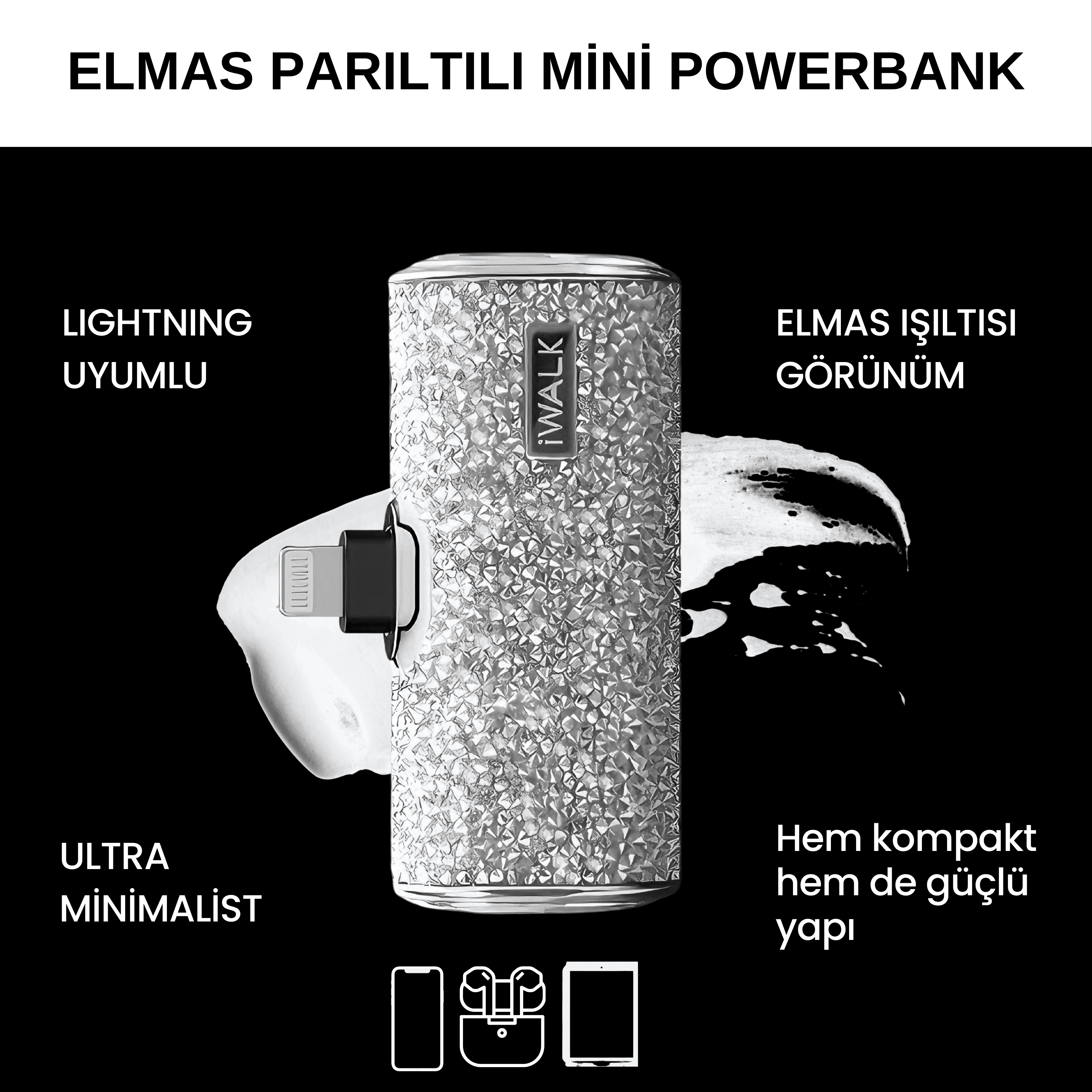 DİAMOND SERİSİ ELMAS IŞILTILI MİNİ POWERBANK (ios uyumlu) 4500mAh DBS4500L