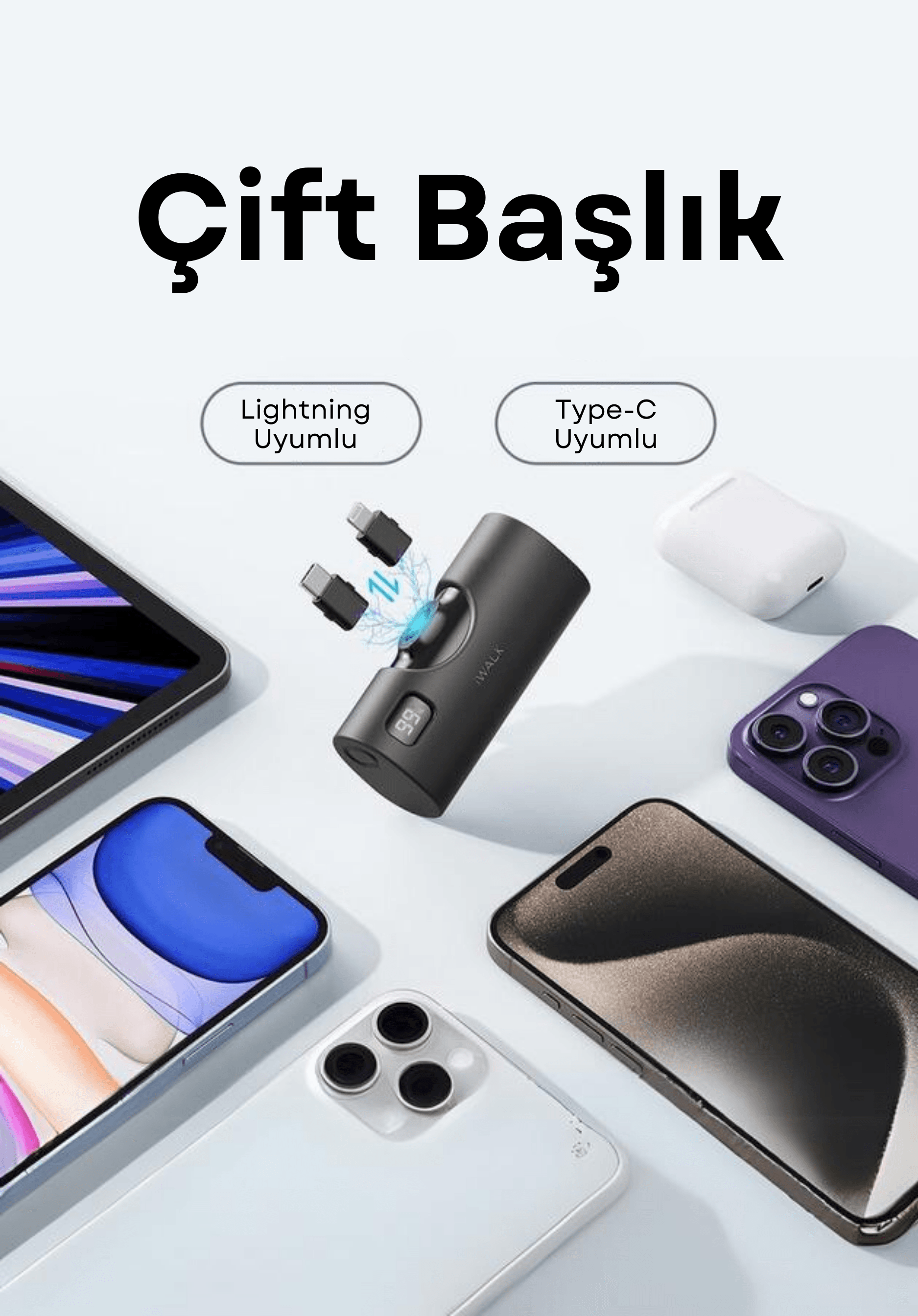 DEĞİŞTİRİLEBİLİR BAŞLIKLI ( Andorid & İos) MİNİ POWERBANK 5000mAh LPX001