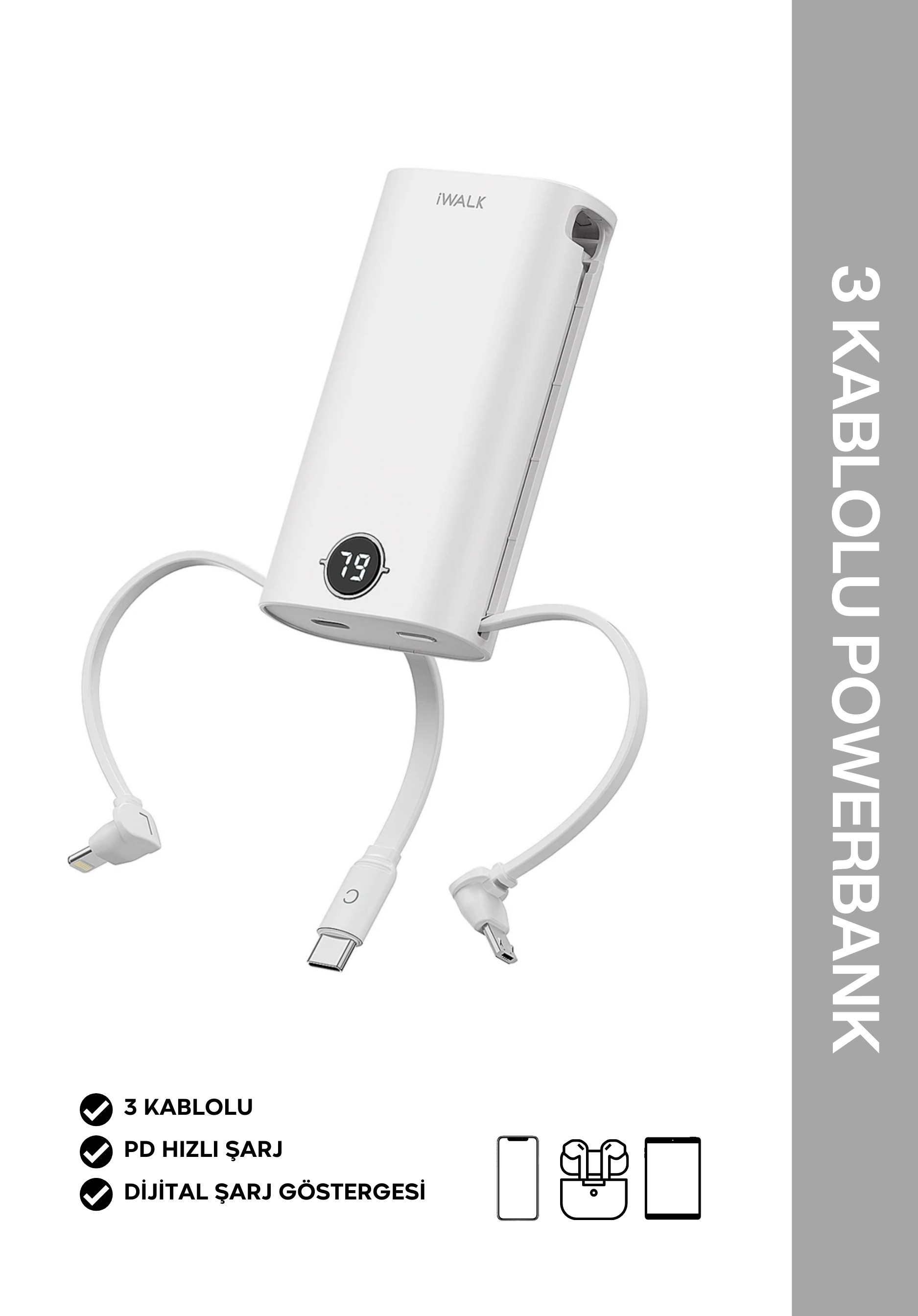 İWALK DAHİLİ 3 KABLOLU HIZLI ŞARJ PD 18W 9000mAh POWERBANK 