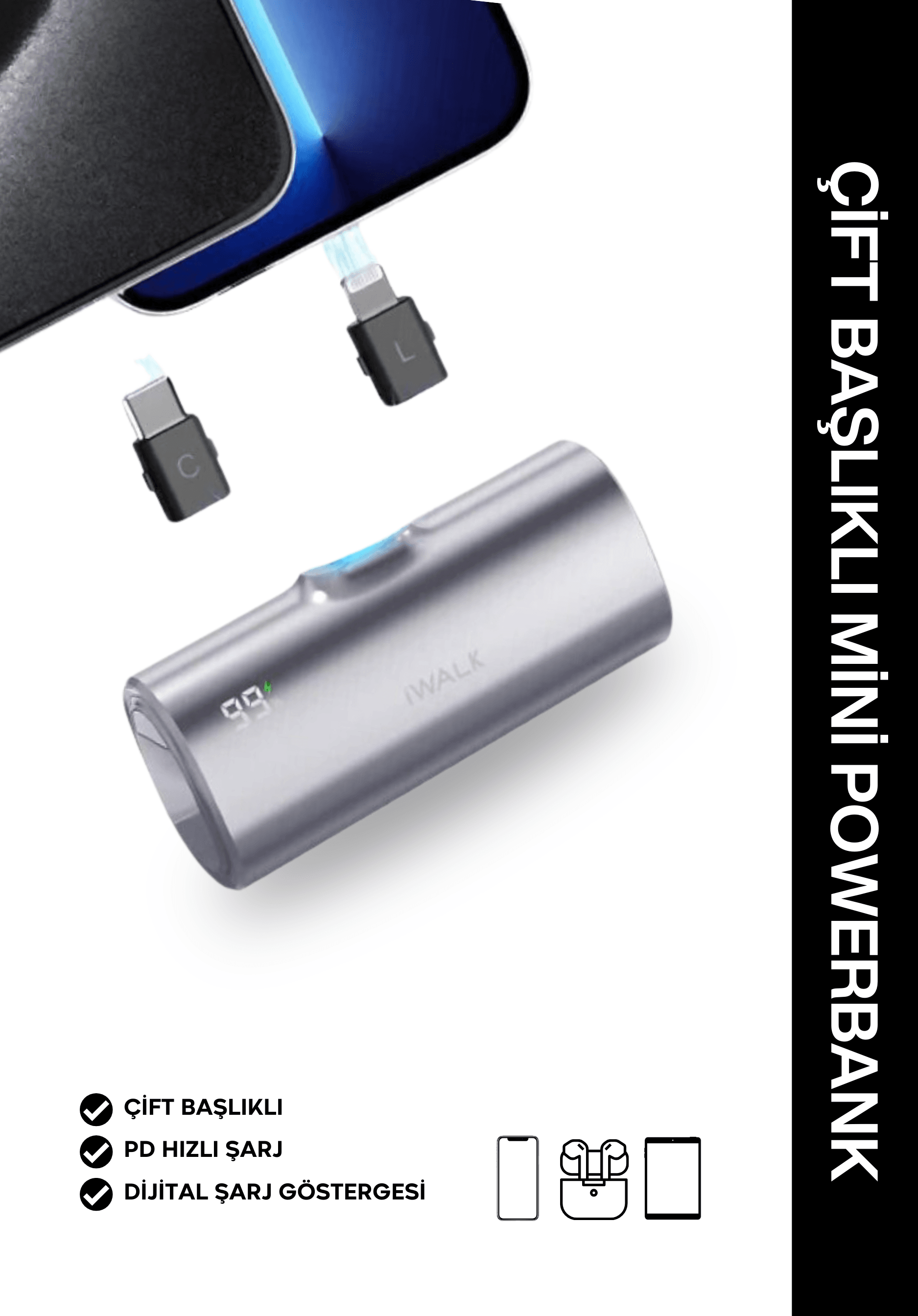 DEĞİŞTİRİLEBİLİR BAŞLIKLI ( Andorid & İos) MİNİ POWERBANK 5000mAh LPX001 - SİYAH