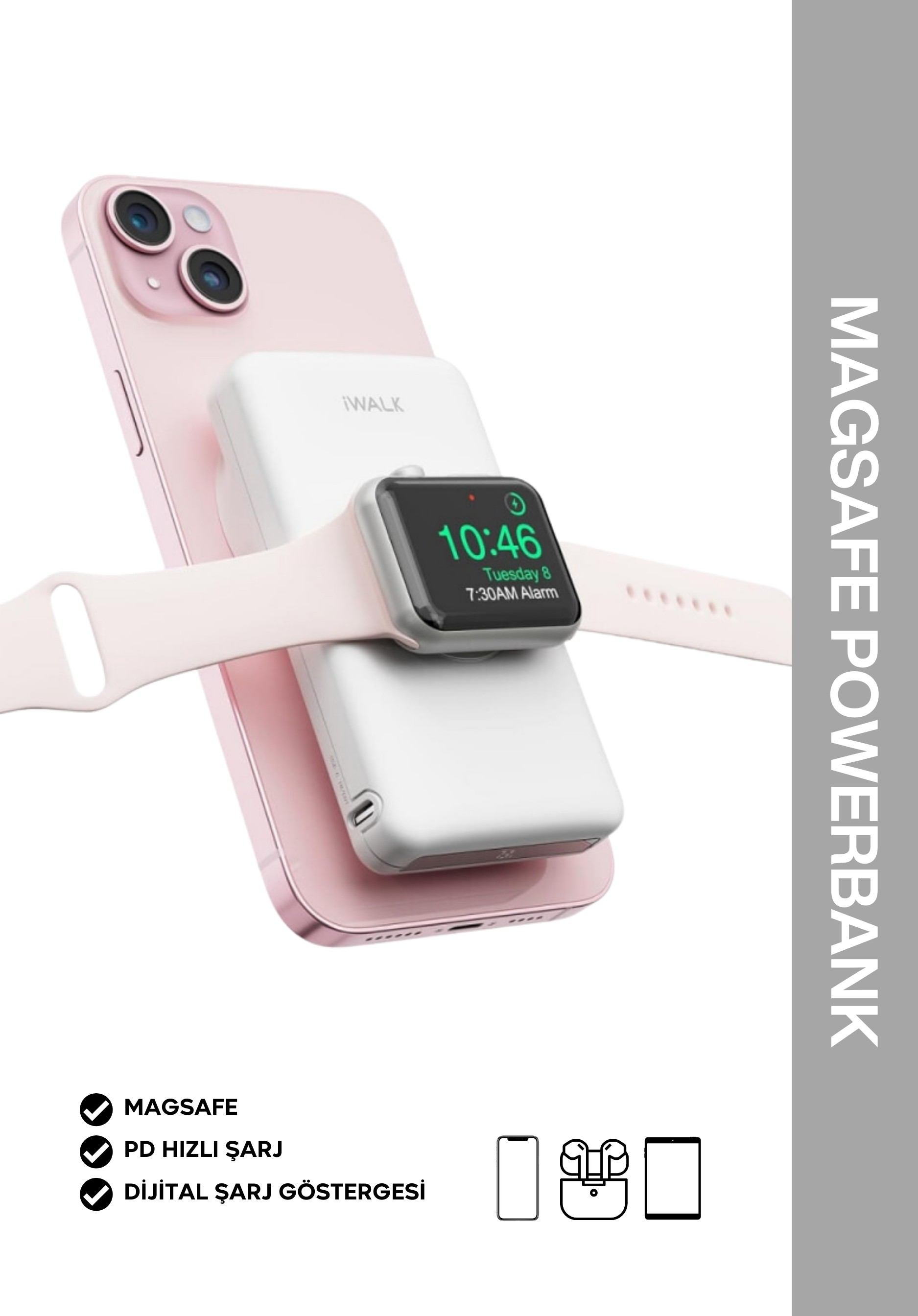 IWALK MAG-X MAGSAFE KABLOSUZ ŞARJ ÖZELLİKLİ 3 IN 1 ( İPHONE / AİRPODS / APPLE WATCH UYUMLU) 10.000 mAh POWERBANK