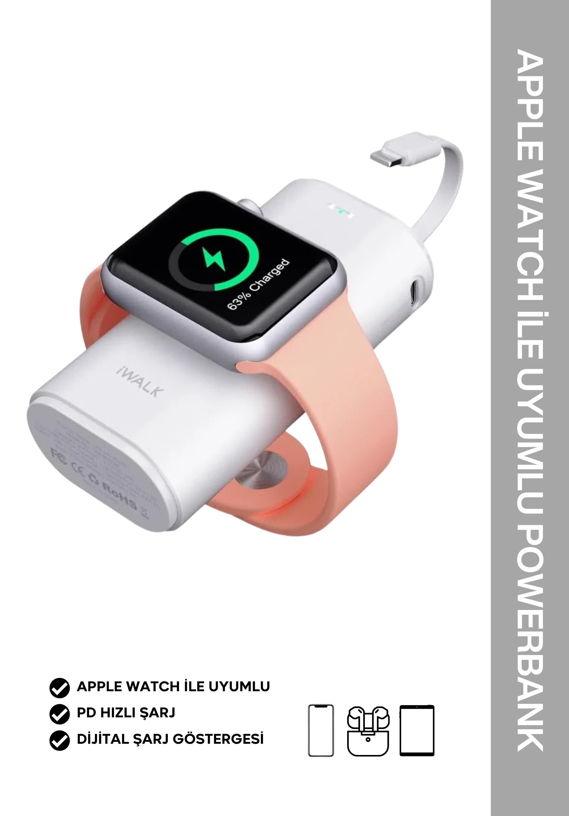 IWALK 3 IN 1 İPHONE /AİRPODS /APPLE WATCH İLE UYUMLU ÖZEL DAHİLİ KABLOLU 9.000 mAh POWERBANK