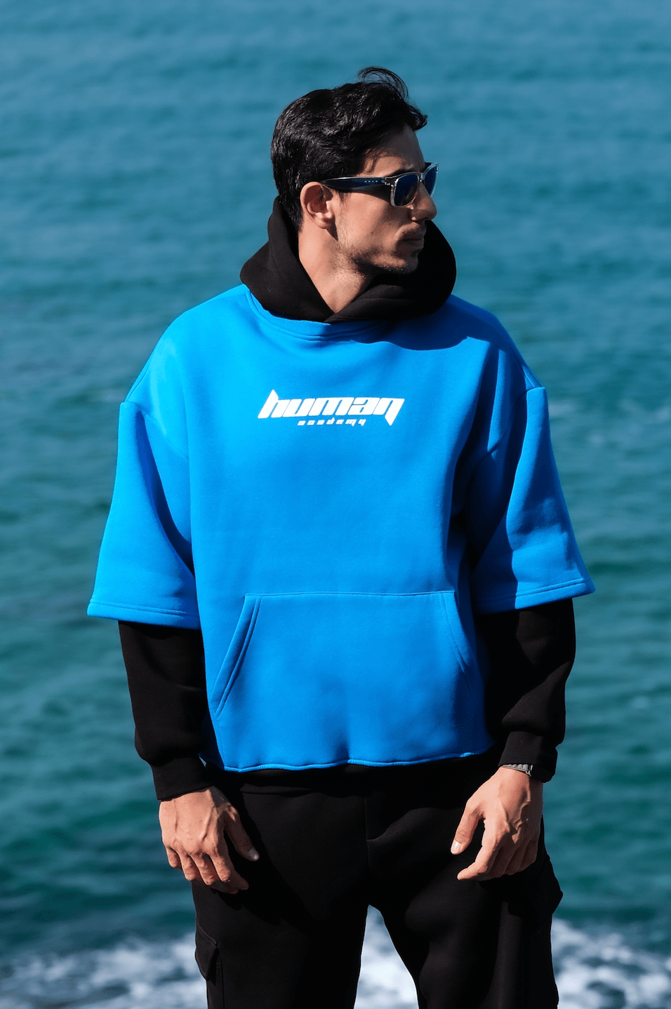  Premium Oversize 'Human' Baskılı Kol Detaylı Unisex Hoodie