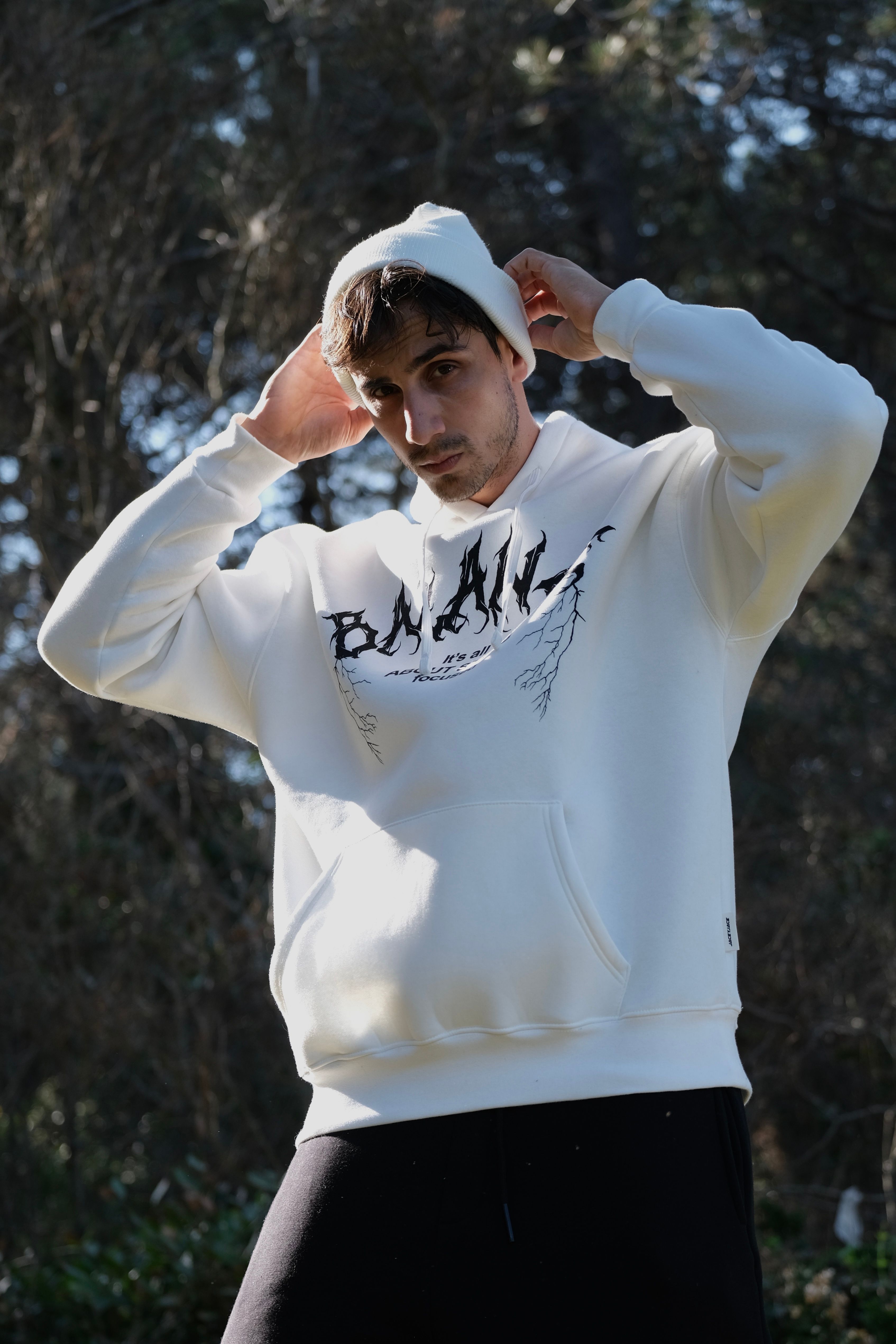 Oversize 'Balance' Baskılı Unisex Hoodie Beyaz