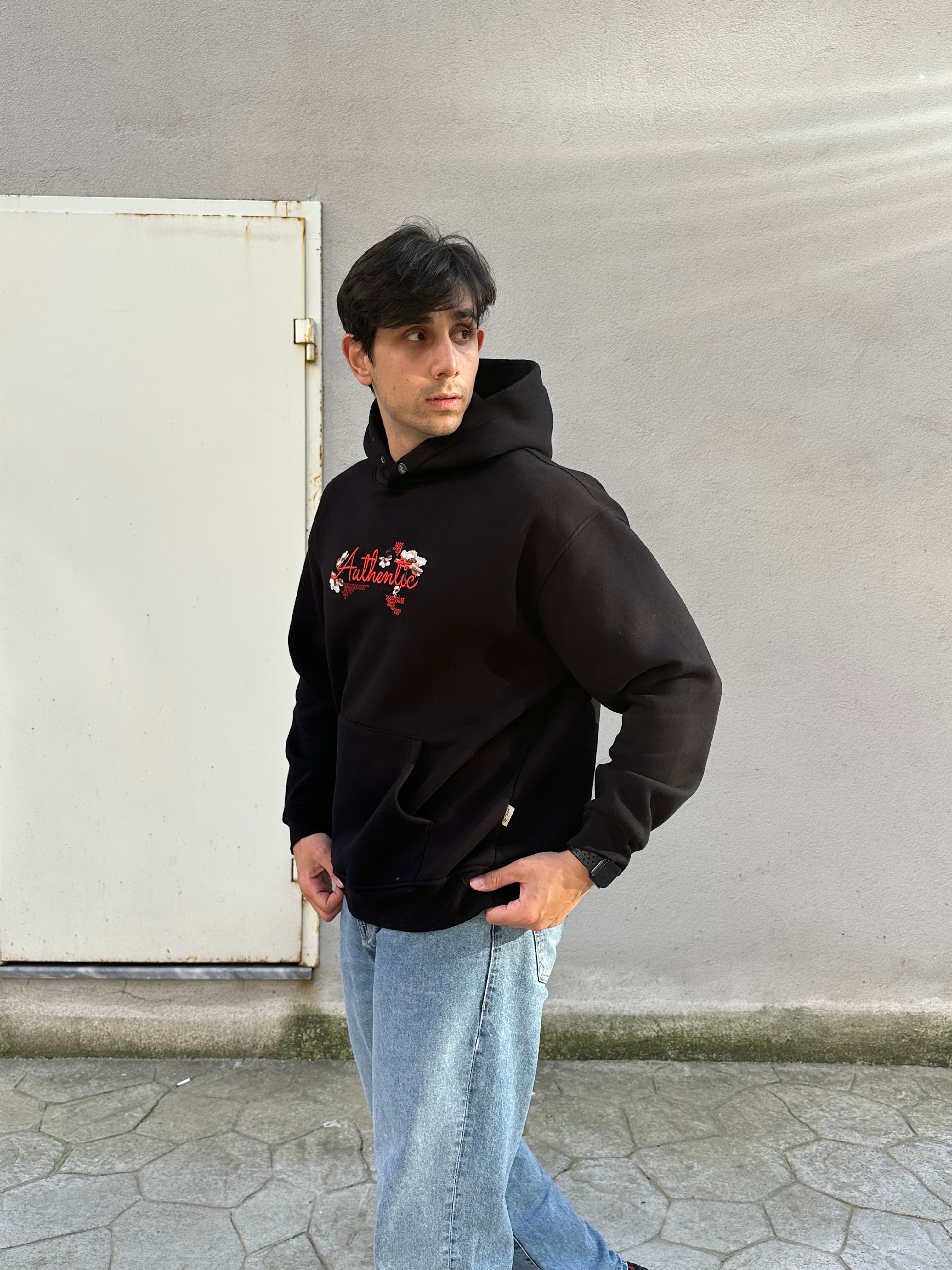 Özel Tasarım Oversize 'Authentic' Baskılı Nakışlı Unisex Hoodie Siyah