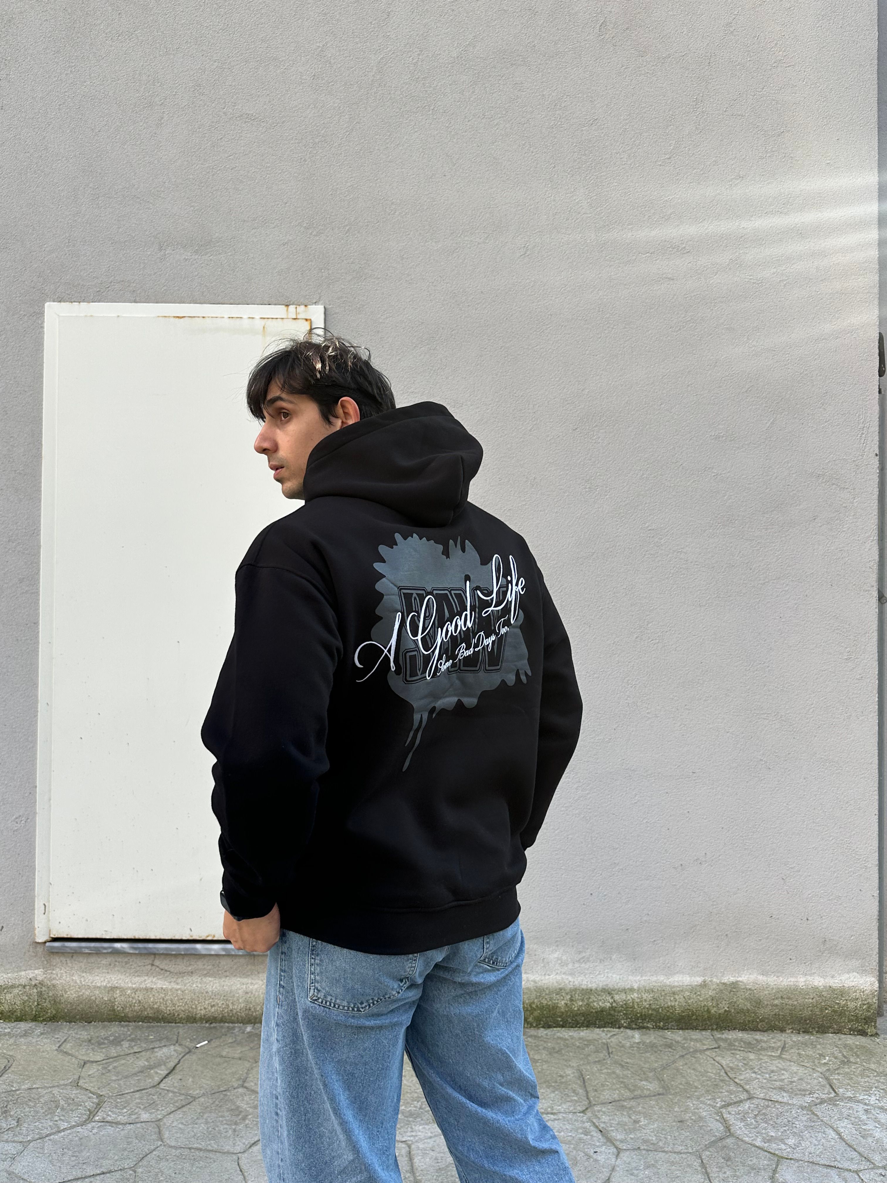 Özel Tasarım Oversize 'Good Life' Baskılı Nakışlı Unisex Hoodie Siyah