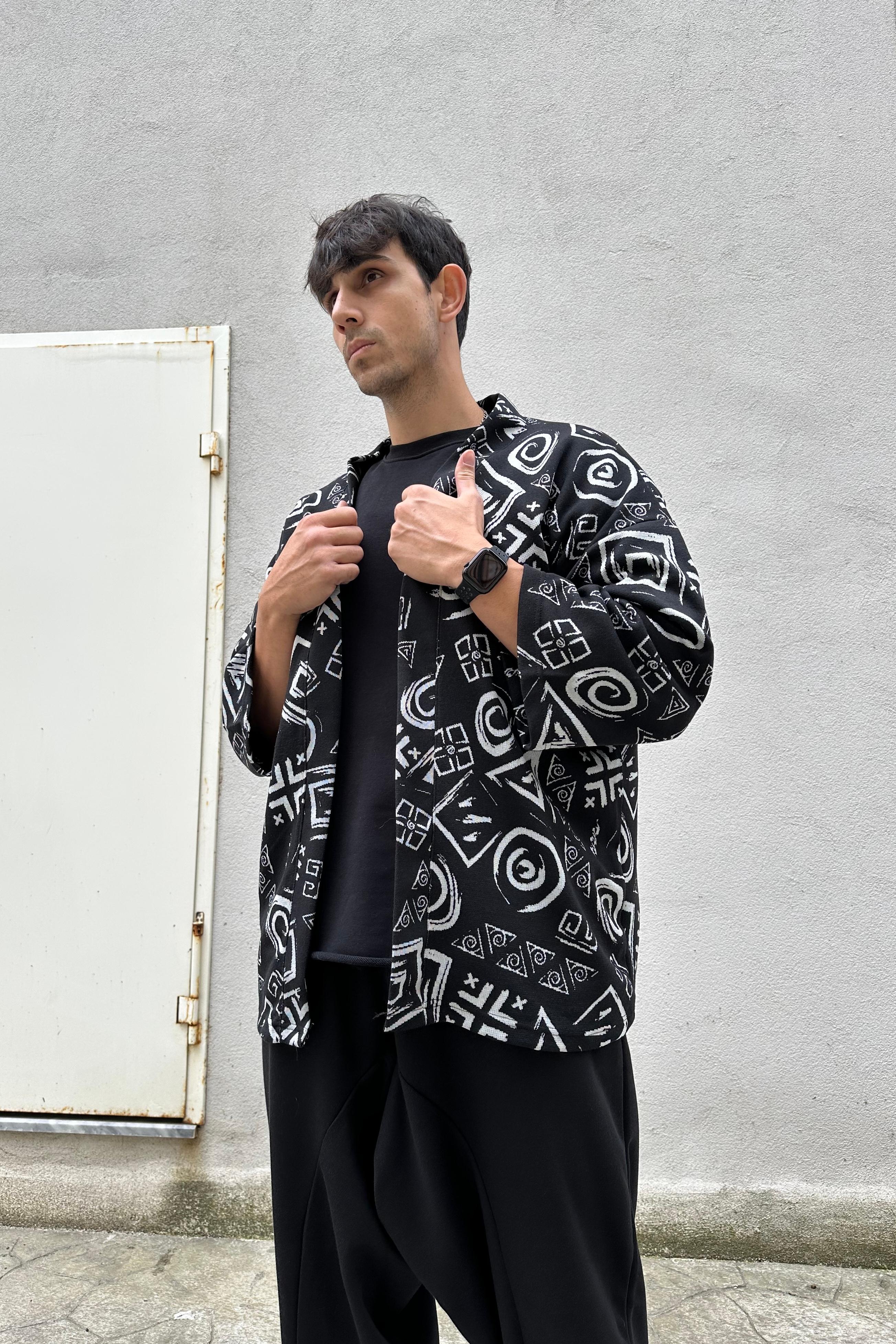 Oversize Spiral Desenli Siyah Kimono