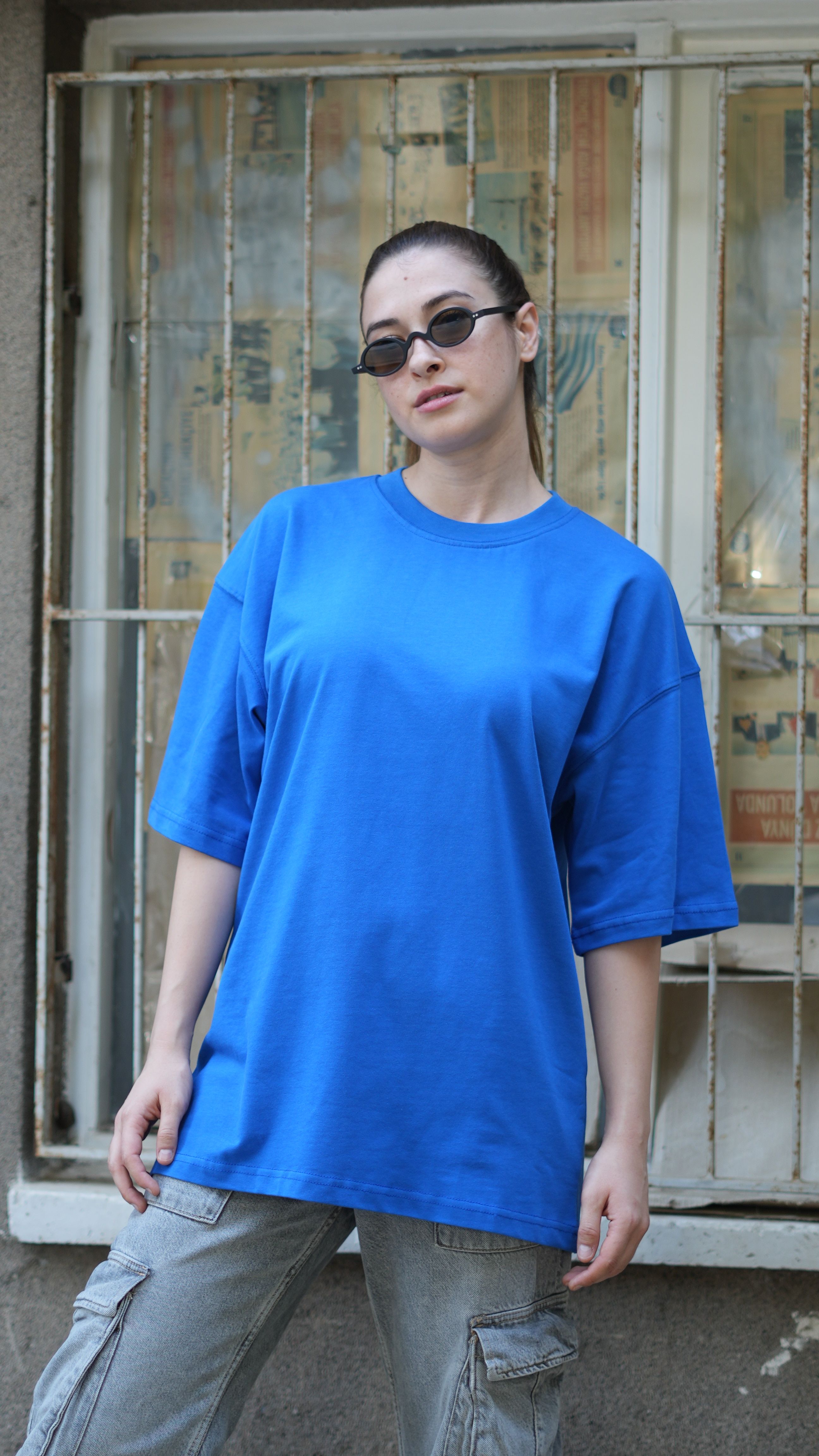 Oversize %100 Pamuk Basic Unisex T-Shirt  - Mavi