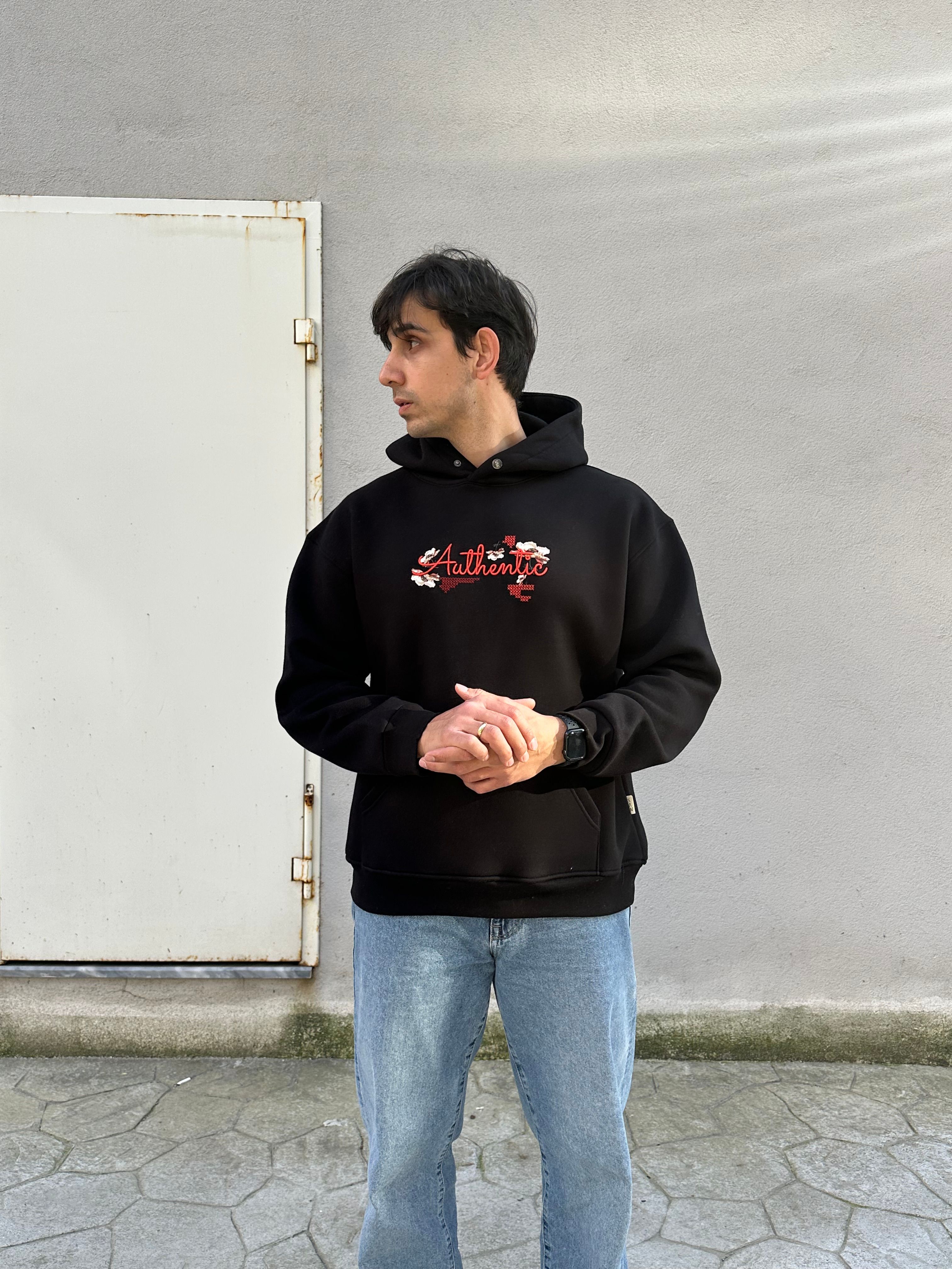 Özel Tasarım Oversize 'Authentic' Baskılı Nakışlı Unisex Hoodie Siyah