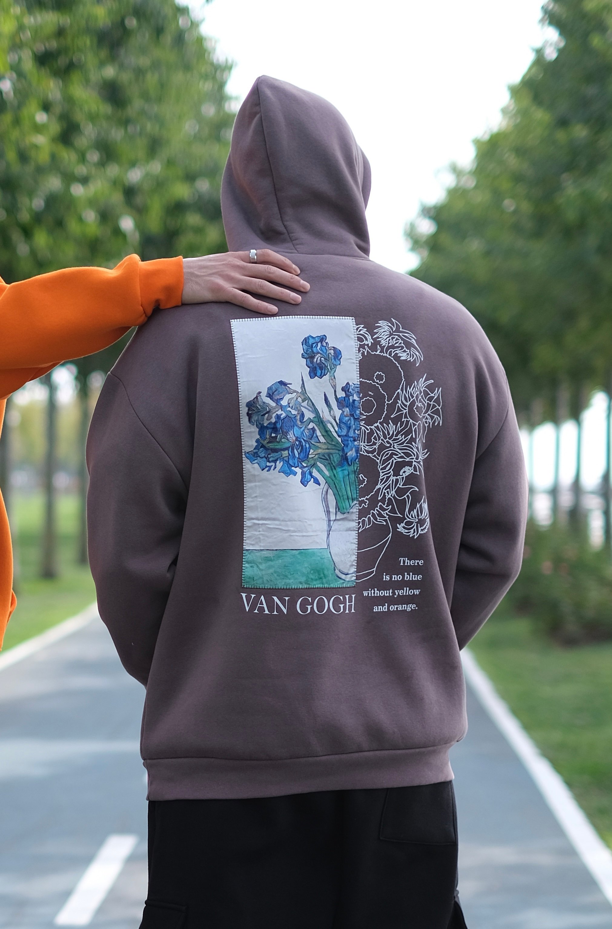 Özel Tasarım Oversize Van Gogh Baskılı Nakışlı Unisex Hoodie Kahverengi  