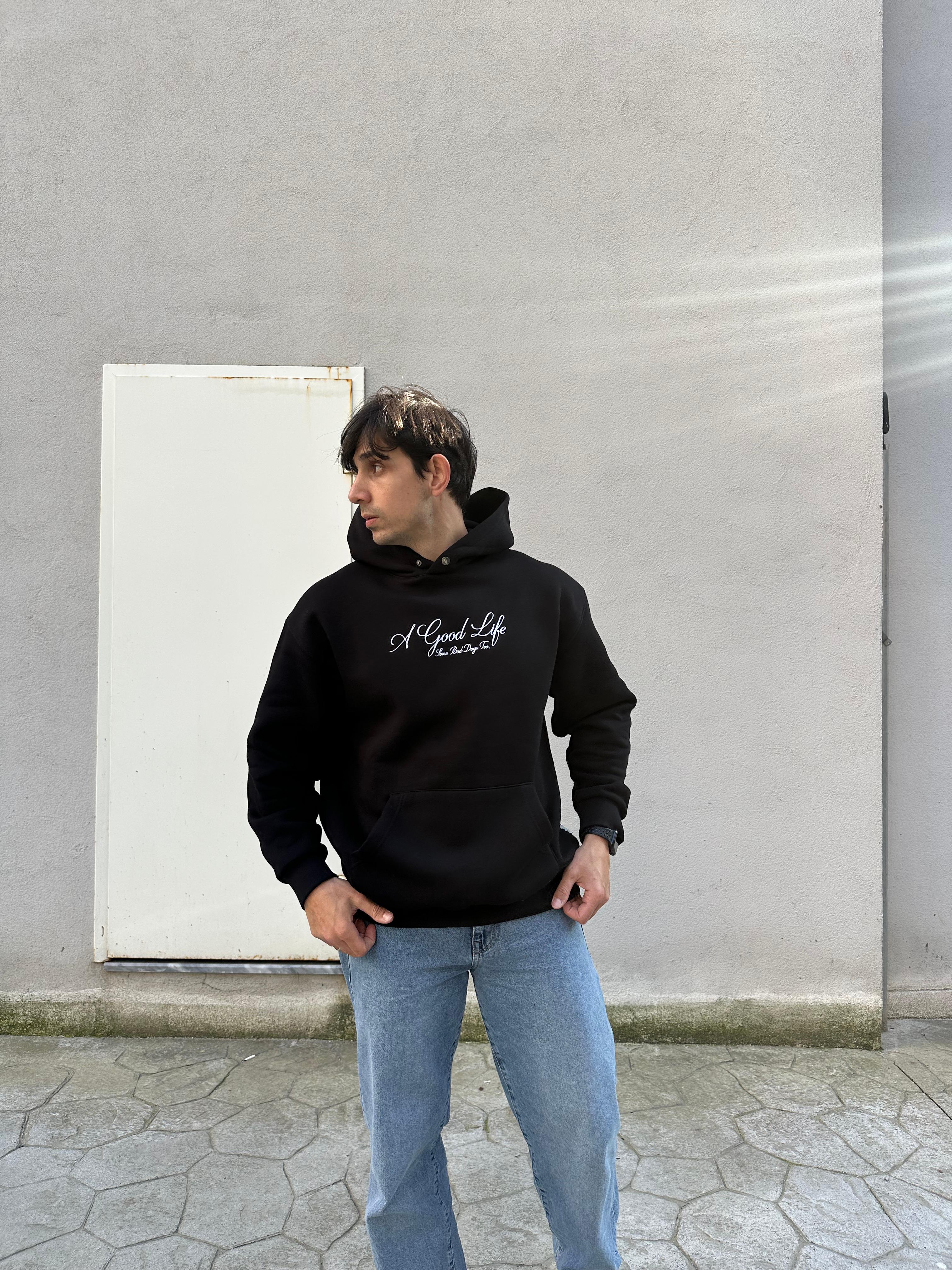 Özel Tasarım Oversize 'Good Life' Baskılı Nakışlı Unisex Hoodie Siyah