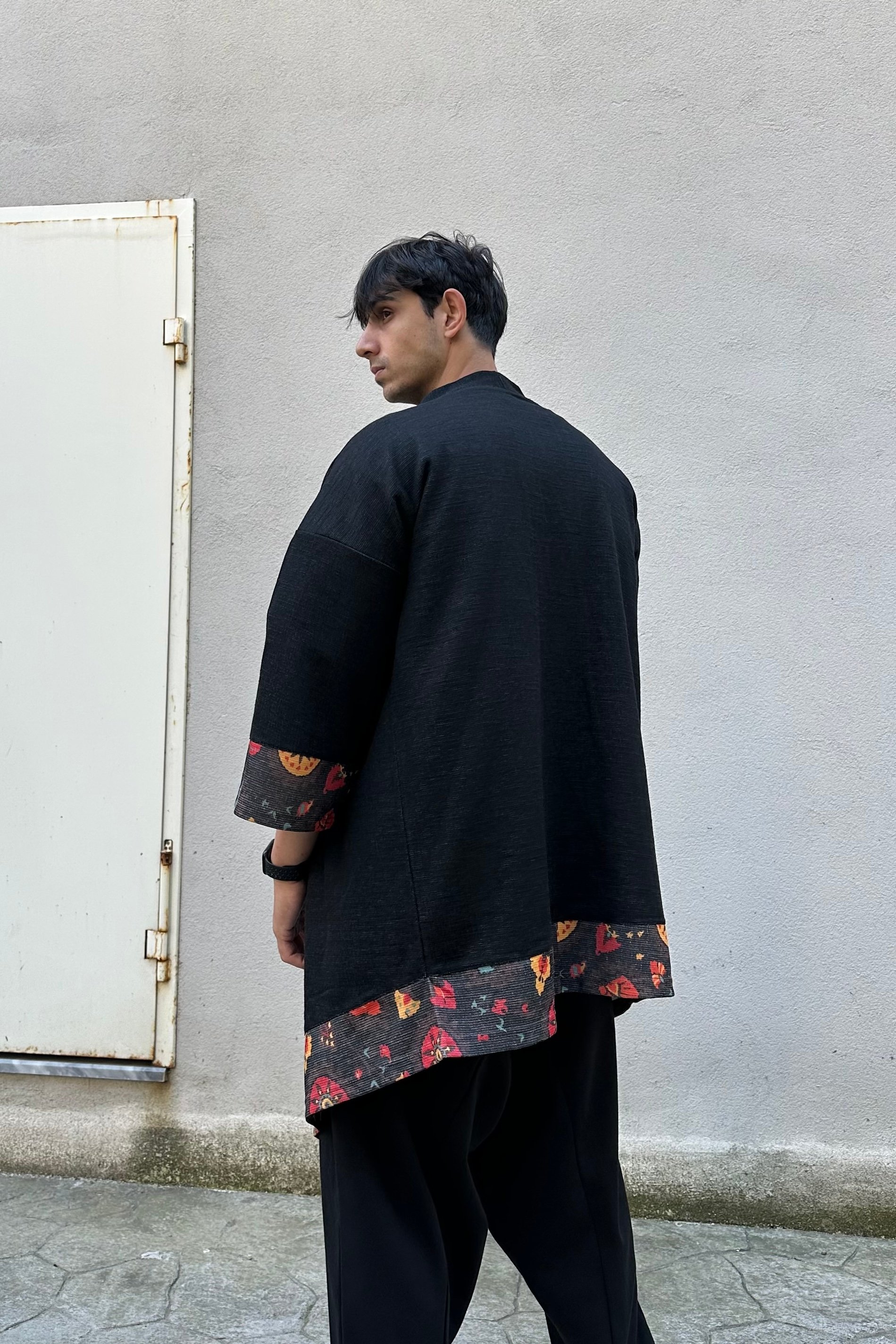 Oversize Desen Detaylı Unisex Siyah Kimono