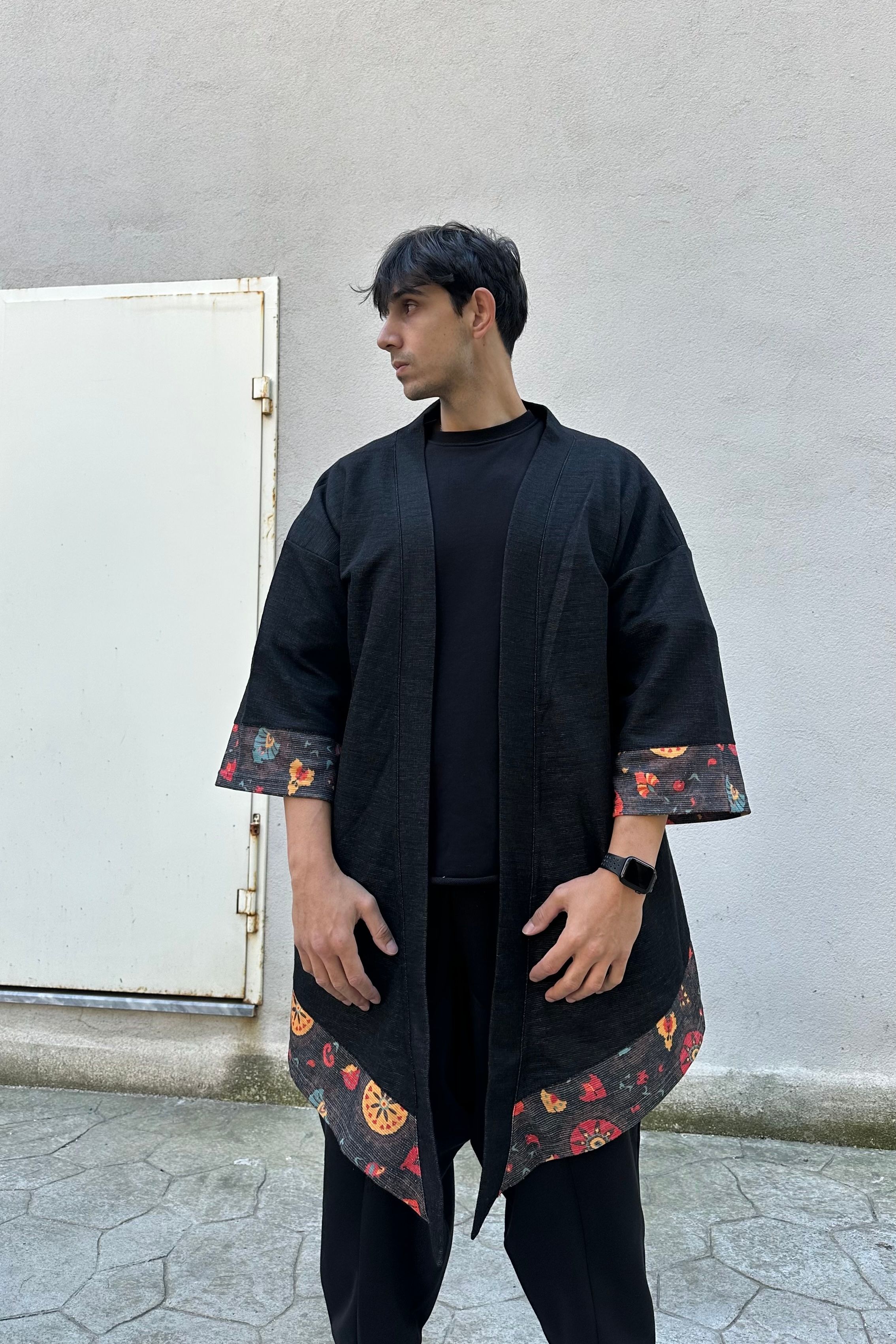 Oversize Desen Detaylı Unisex Siyah Kimono