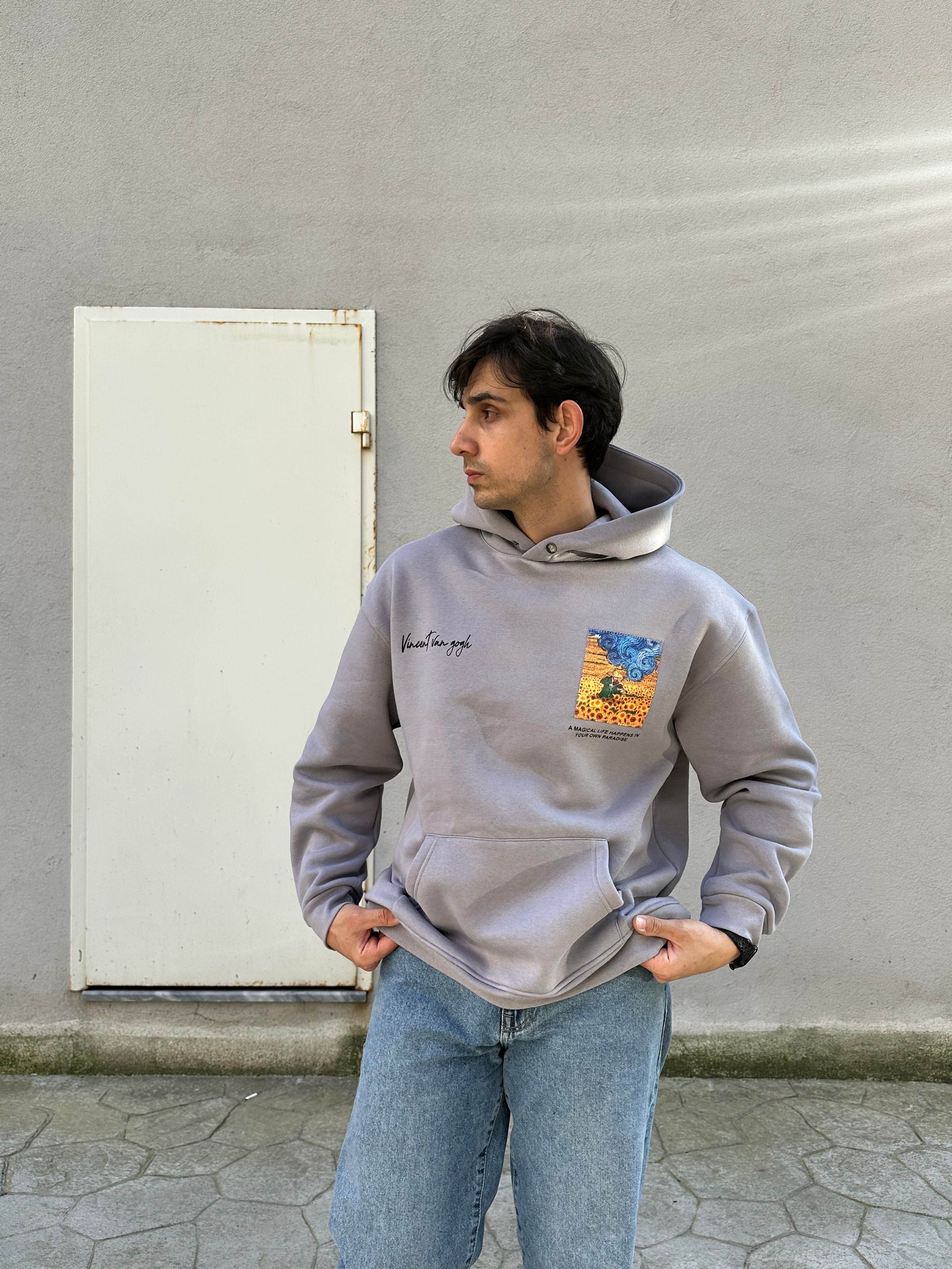 Özel Tasarım Oversize Van Gogh Baskılı Nakışlı Unisex Hoodie Gri