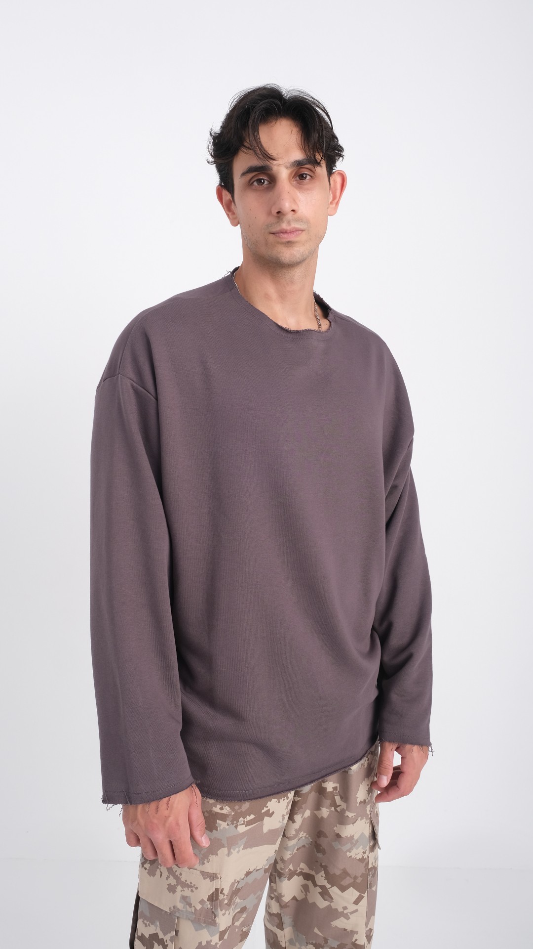 Oversize Kart Detaylı Basic Erkek Sweatshirt Füme