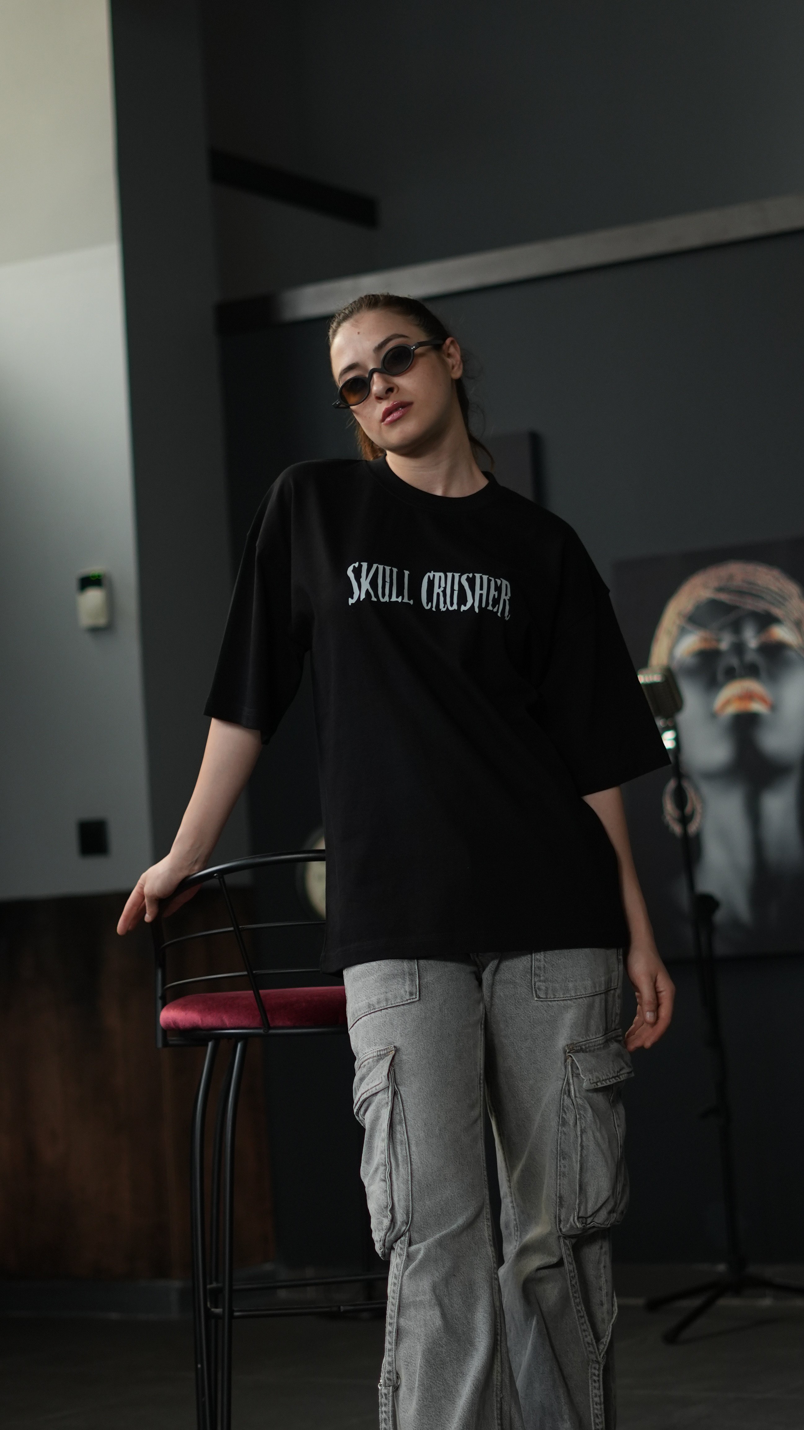 Oversize %100 Pamuk 'Skull Crusher' Baskılı Unisex T-Shirt Siyah