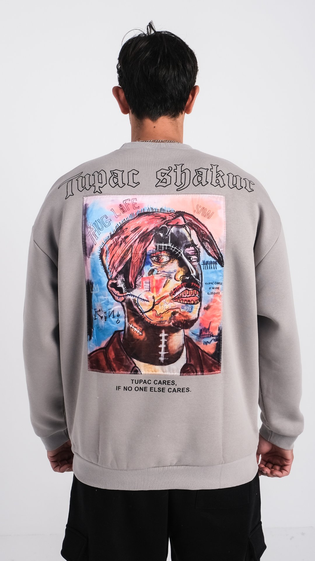 Özel Tasarım Oversize Tupac Baskılı Nakışlı Unisex Sweatshirt Gri