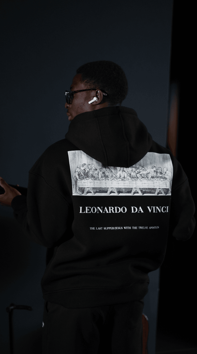 Oversize Leonardo Da Vinci Kabartma Baskılı Unisex Hoodie