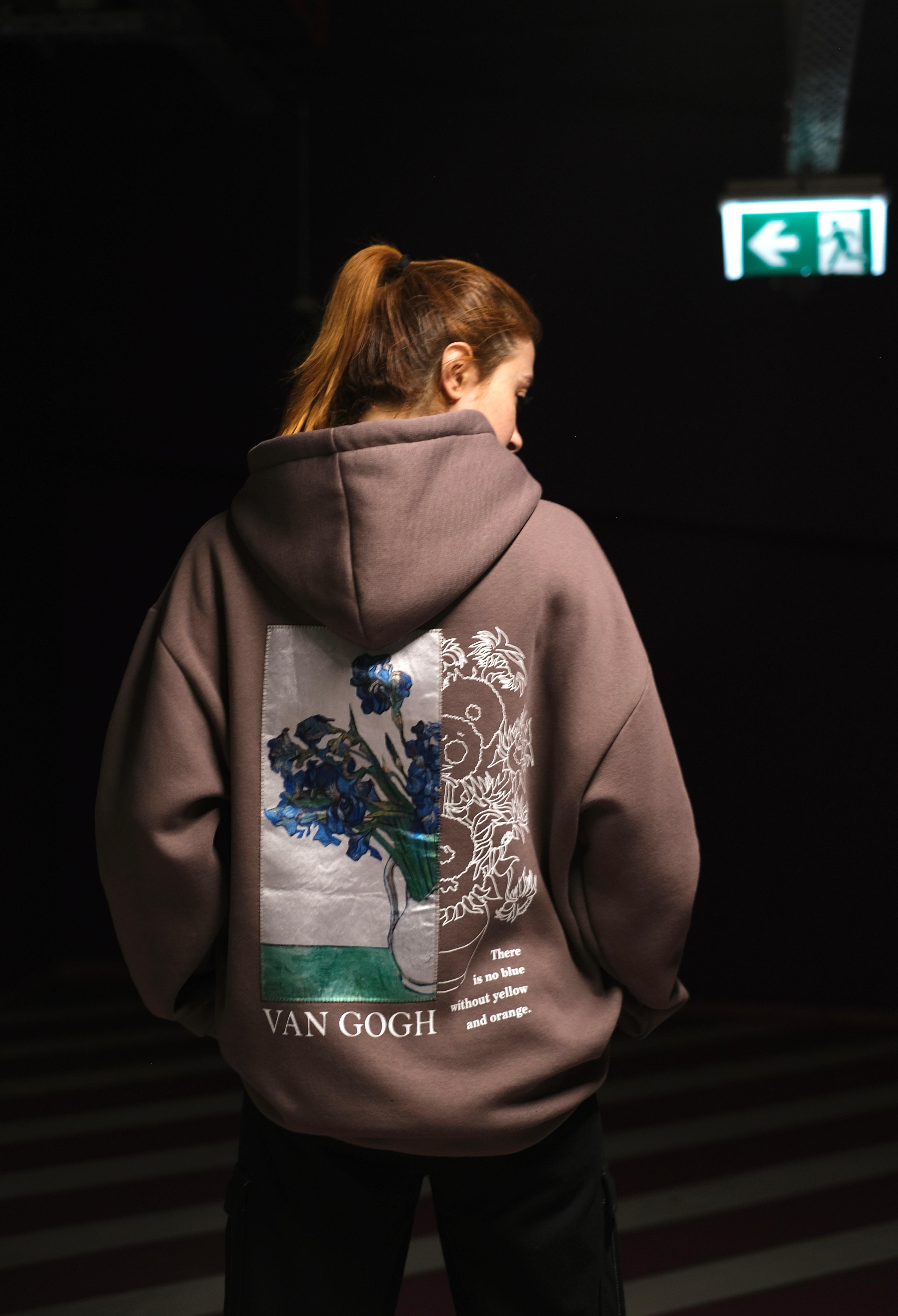 Özel Tasarım Oversize Van Gogh Baskılı Nakışlı Unisex Hoodie Kahverengi  