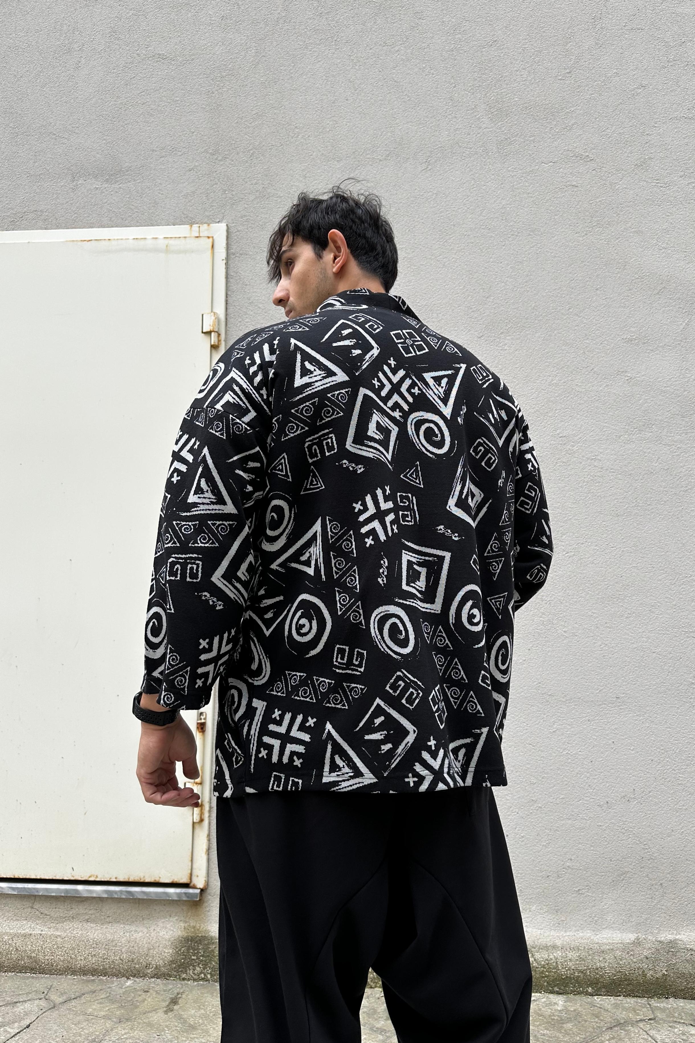 Oversize Spiral Desenli Siyah Kimono