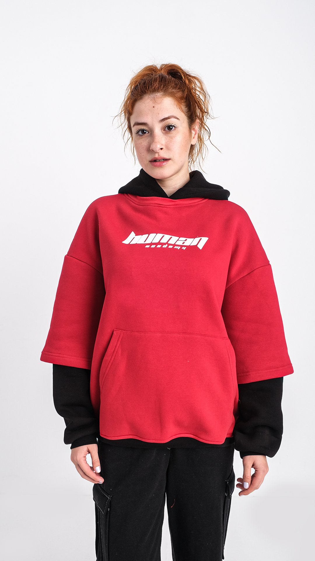  Premium Oversize 'Human' Baskılı Kol Detaylı Unisex Hoodie