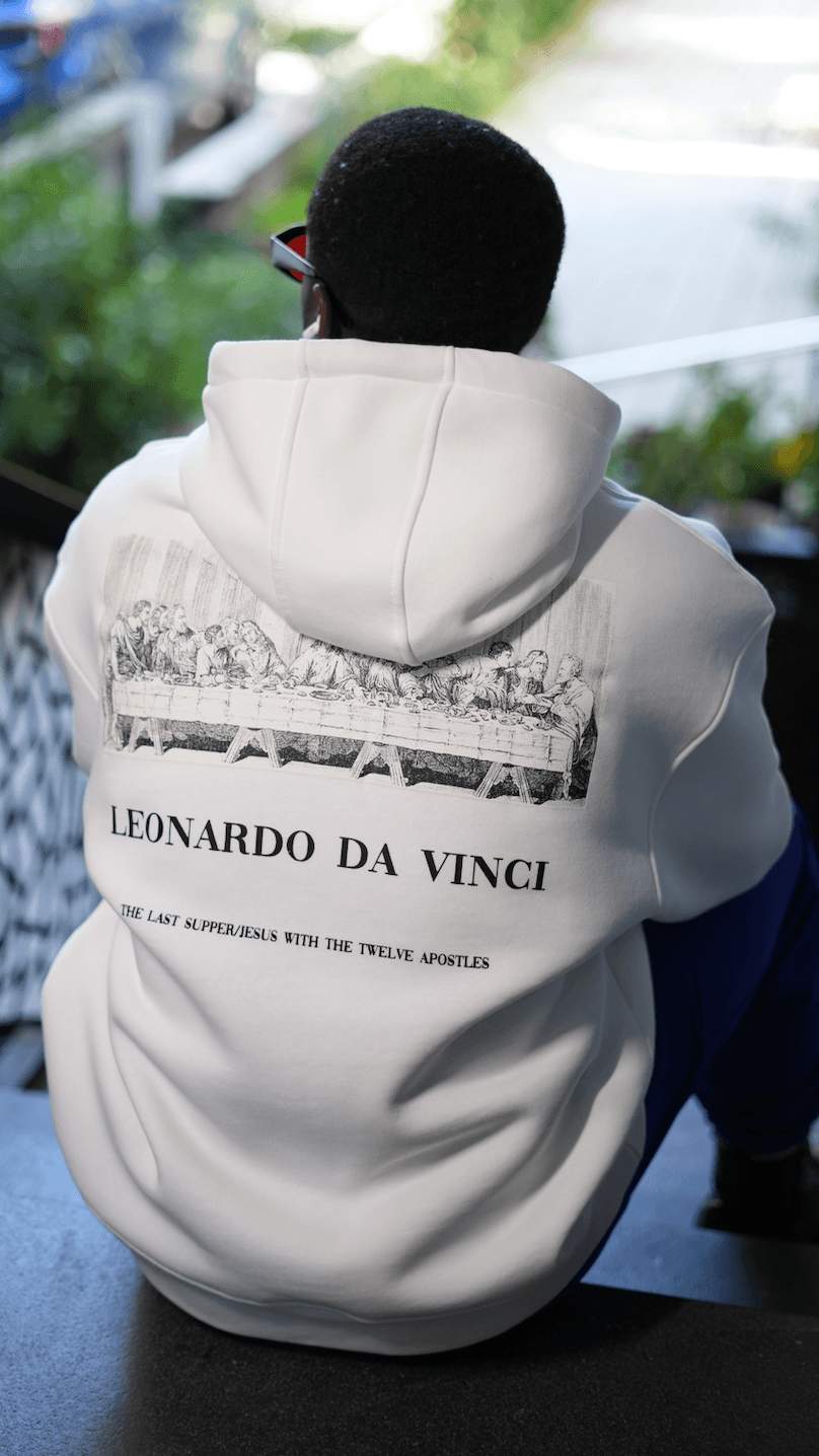 Oversize Leonardo Da Vinci Kabartma Baskılı Unisex Hoodie