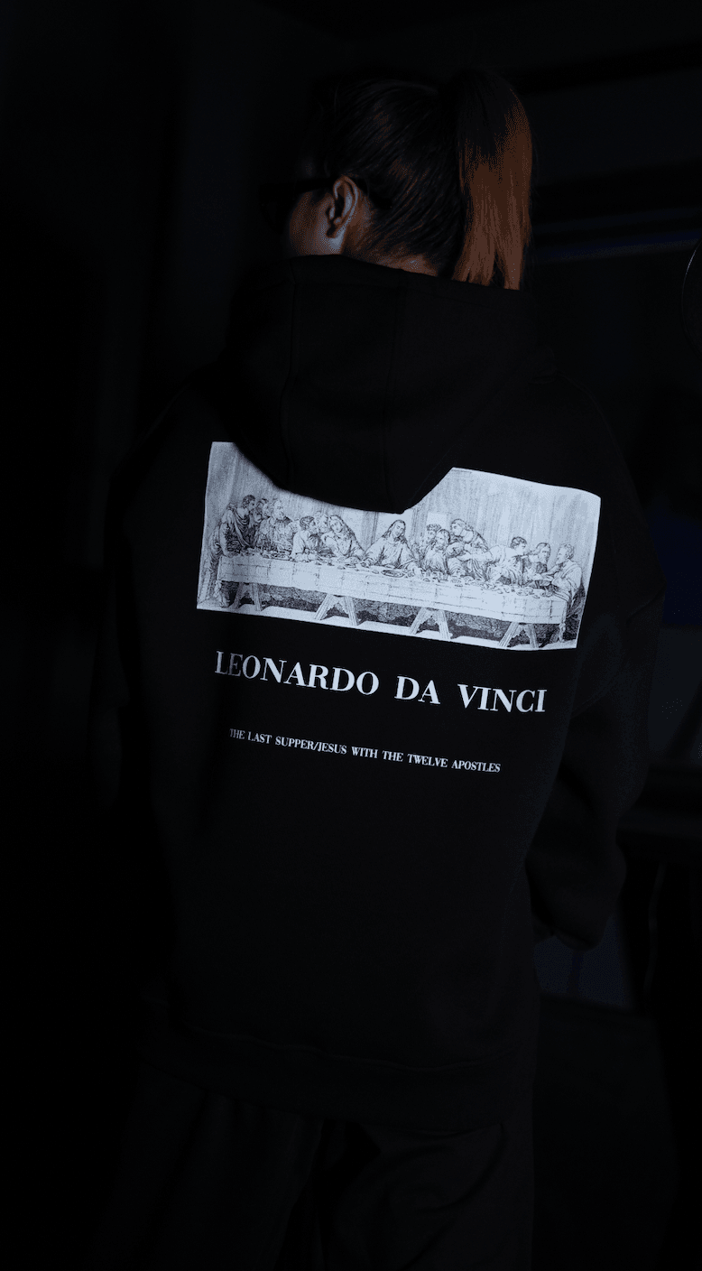 Oversize Leonardo Da Vinci Kabartma Baskılı Unisex Hoodie