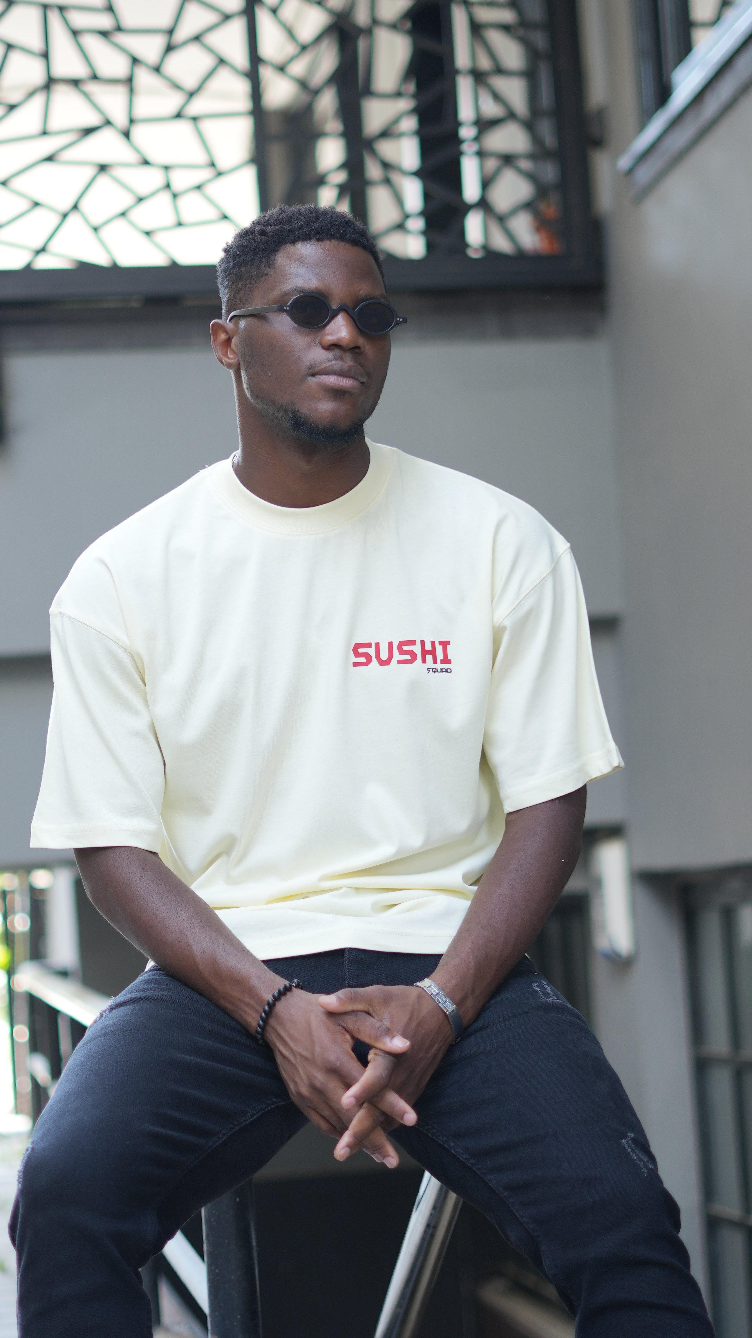 Oversize %100 Pamuk 'Sushi Squad' Baskılı Unisex T-Shirt Sarı