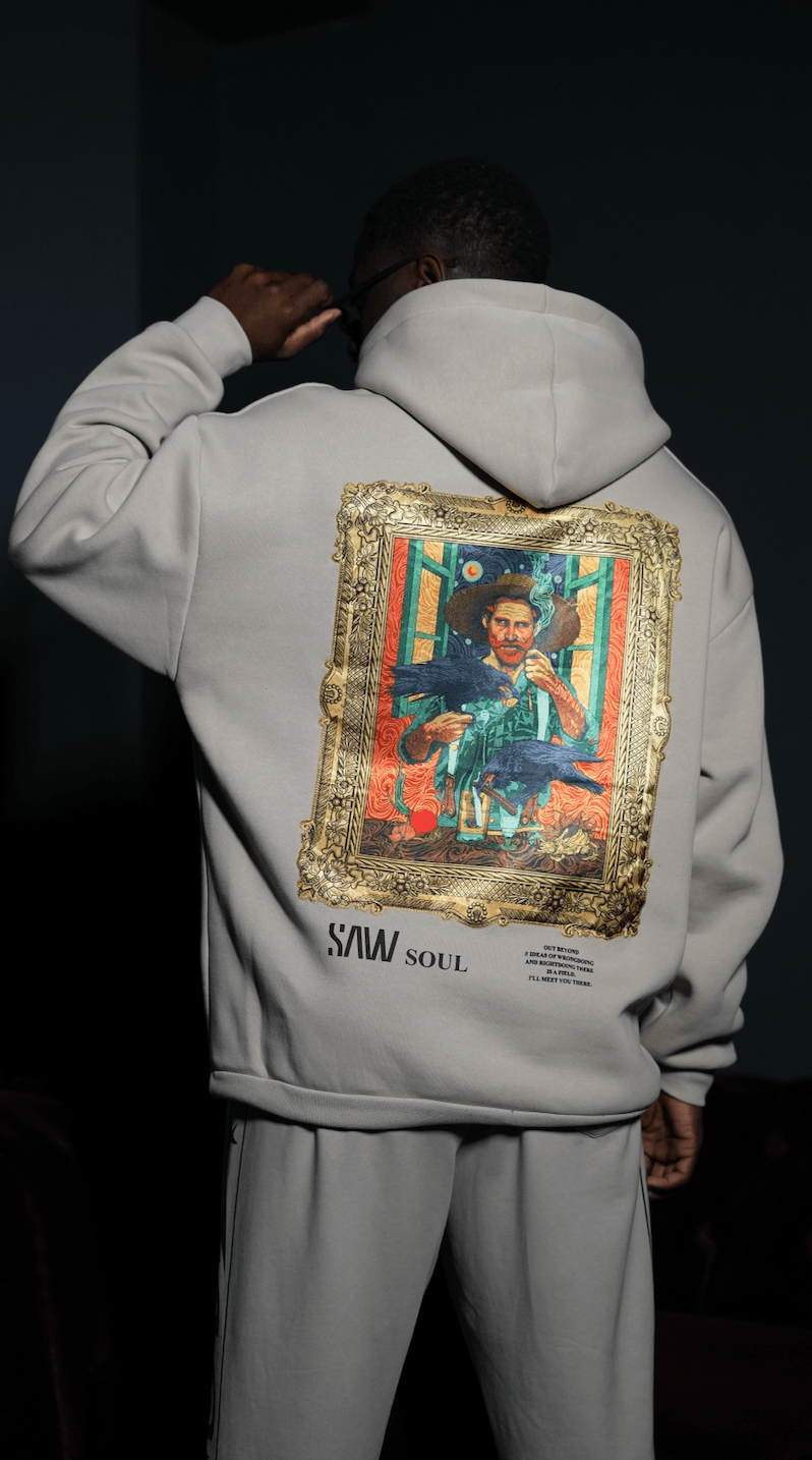 Özel Tasarım Oversize Van Gogh Baskılı Nakışlı Unisex Hoodie Sütlü Kahve