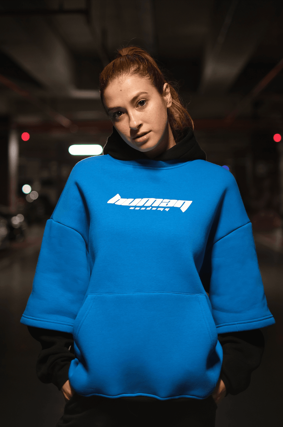  Premium Oversize 'Human' Baskılı Kol Detaylı Unisex Hoodie - Mavi