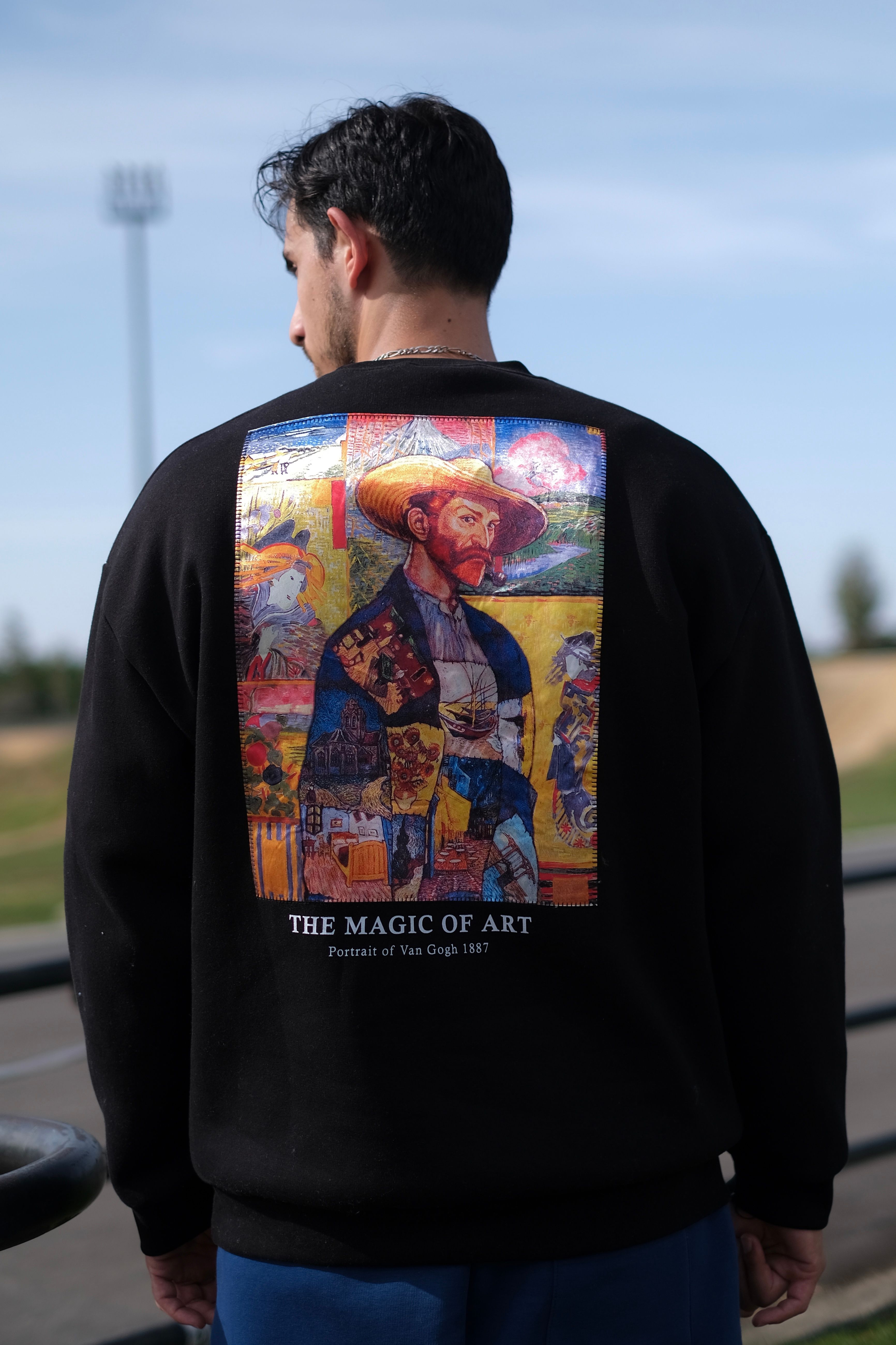 Özel Tasarım Oversize Van Gogh Baskılı Nakışlı Unisex Sweatshirt Siyah