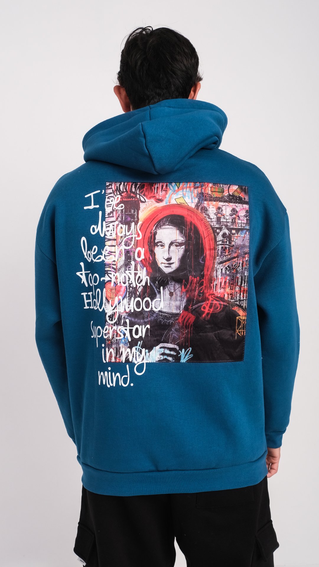 Özel Tasarım Oversize Mona Lisa Baskılı Unisex Hoodie Petrol Yeşili