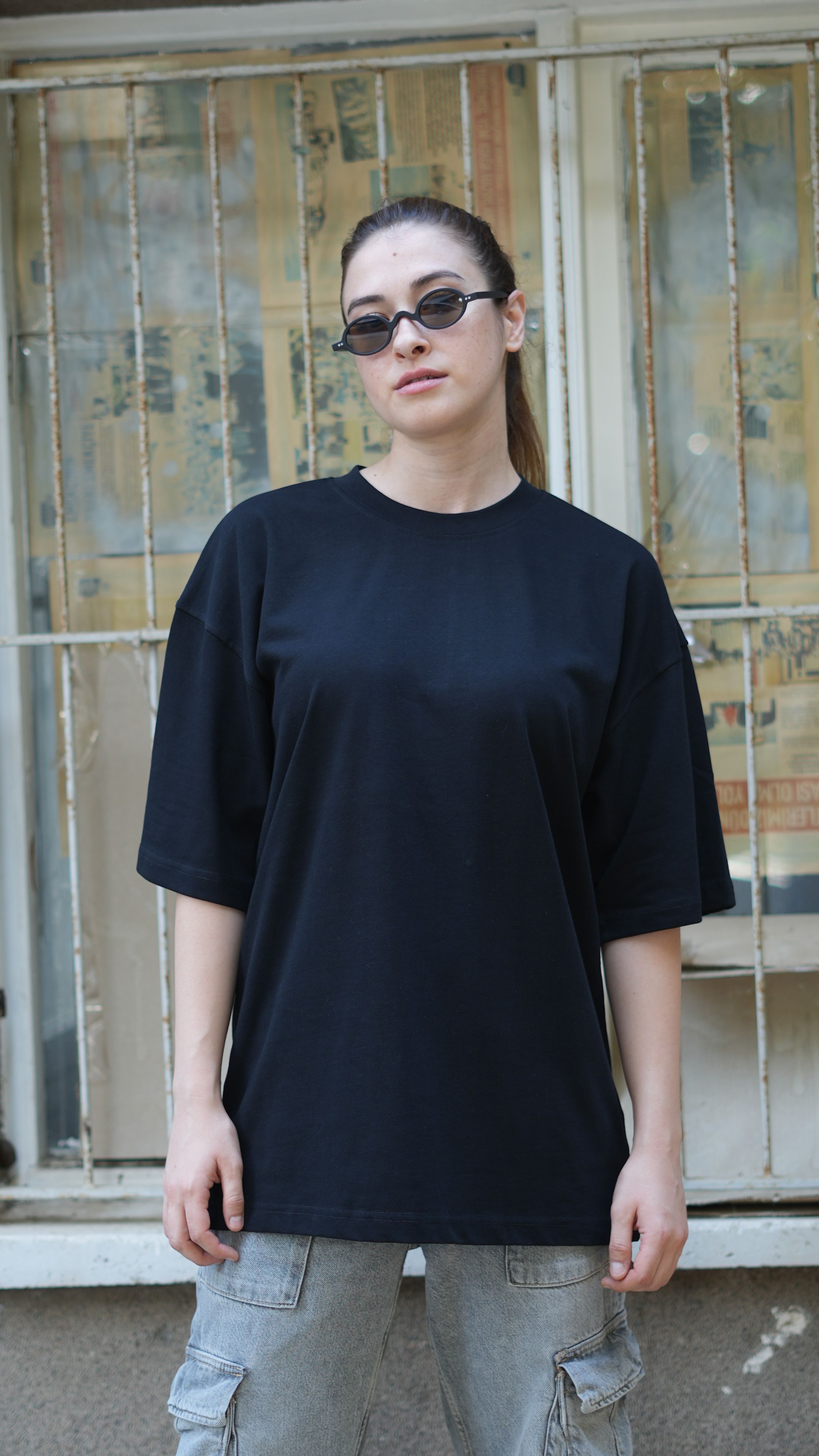 Oversize %100 Pamuk Basic Unisex T-Shirt  - Siyah