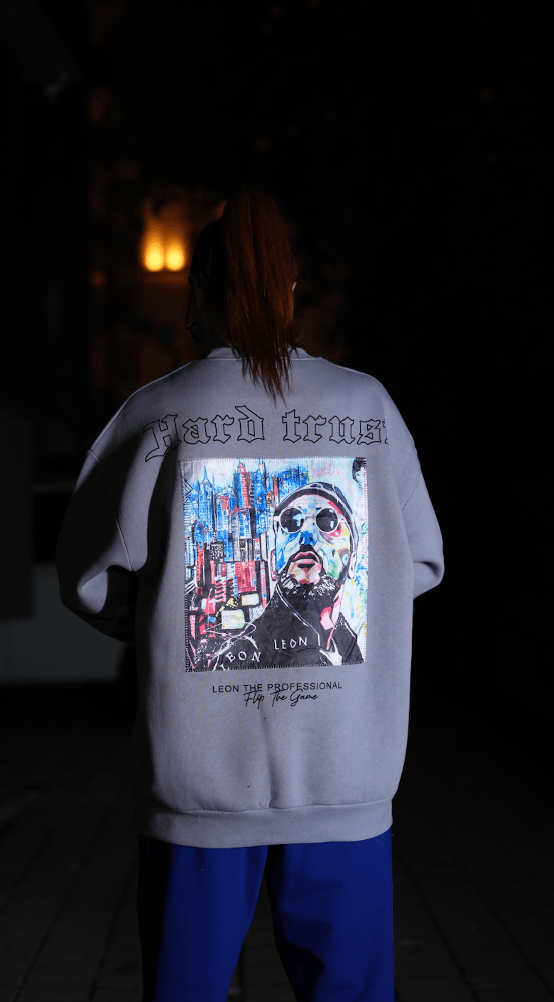 Özel Tasarım Oversize Leon Baskılı Unisex Sweatshirt Gri 