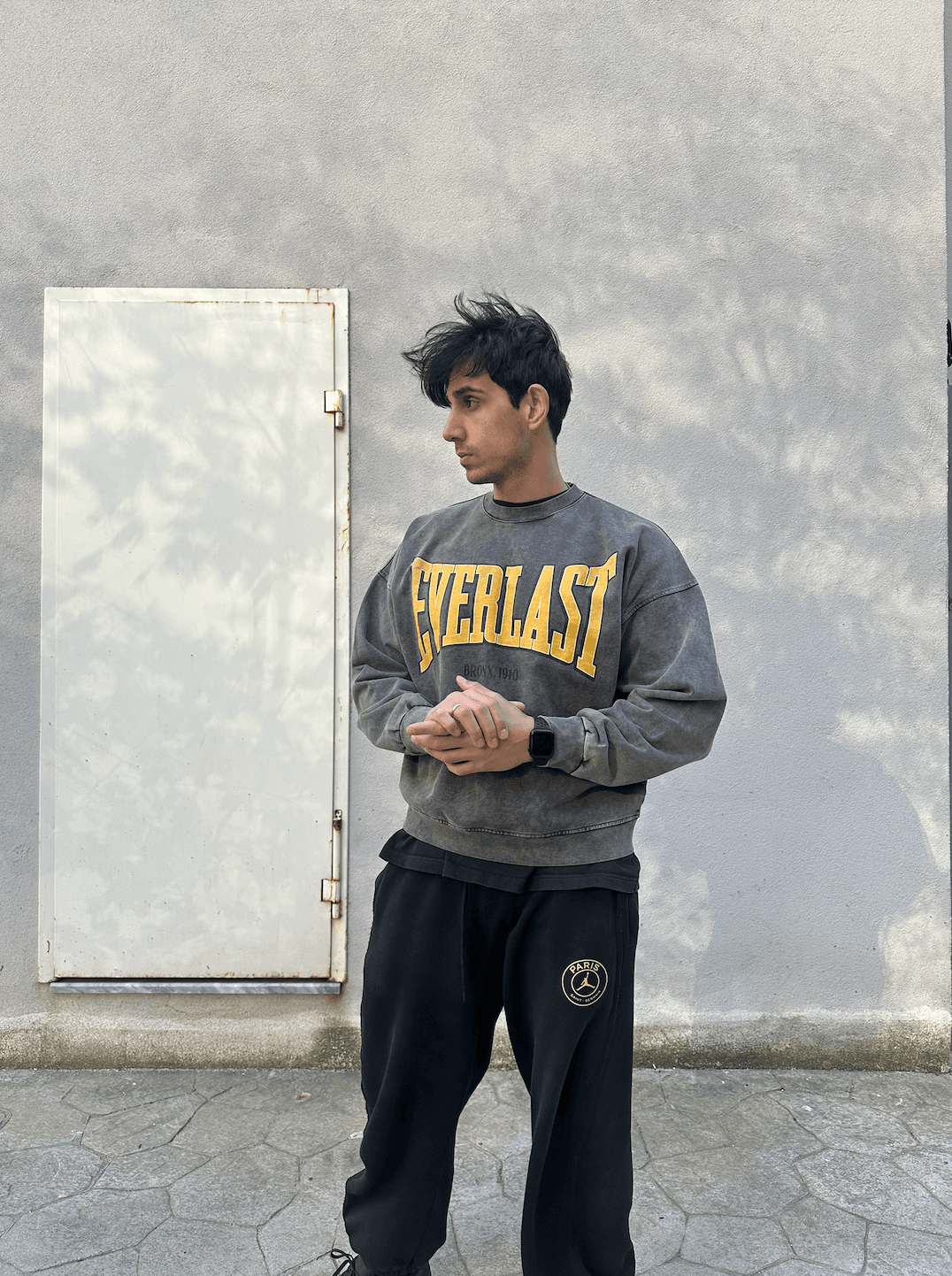 Oversize Füme 'Everlast' Baskılı Yıkamalı Kumaş Unisex Sweatshirt 