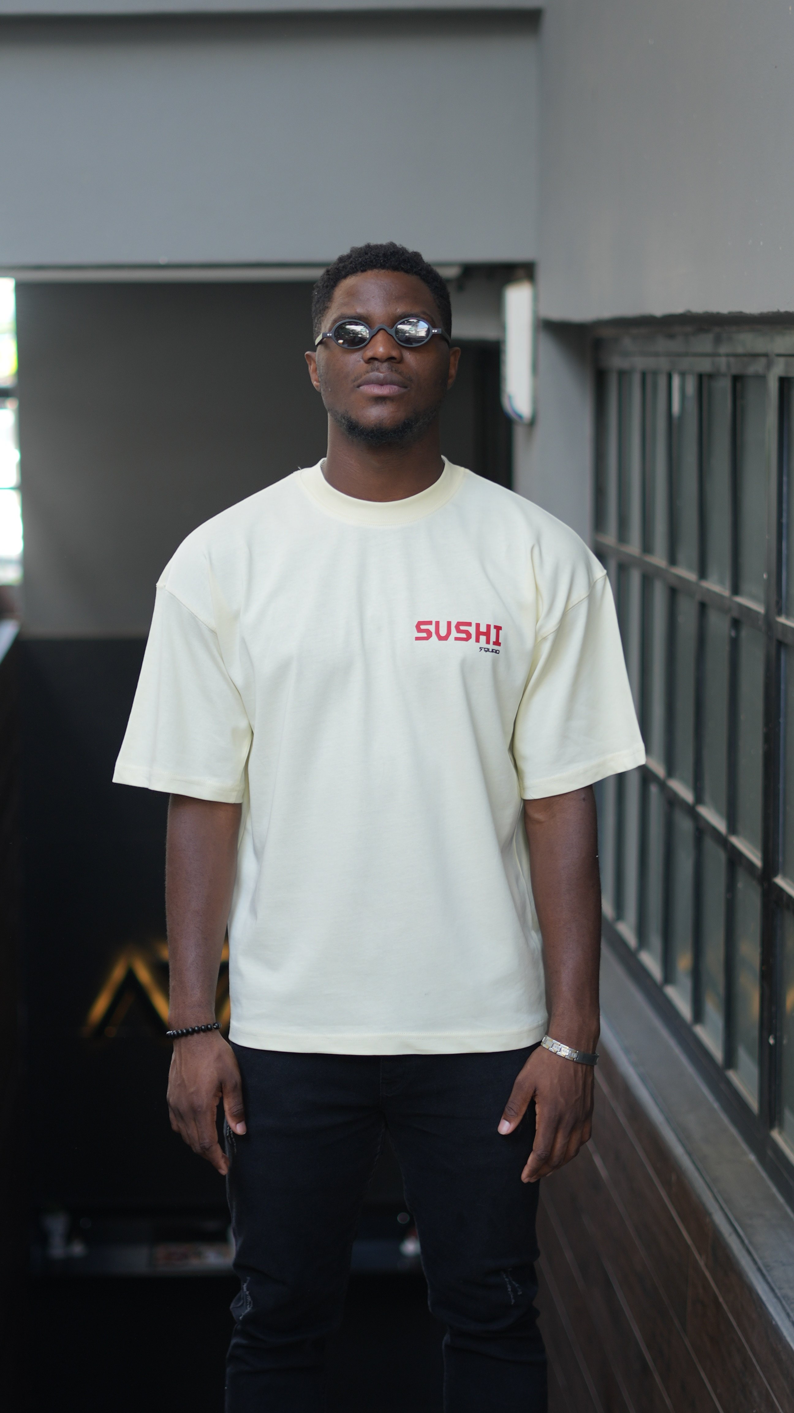 Oversize %100 Pamuk 'Sushi Squad' Baskılı Unisex T-Shirt Sarı