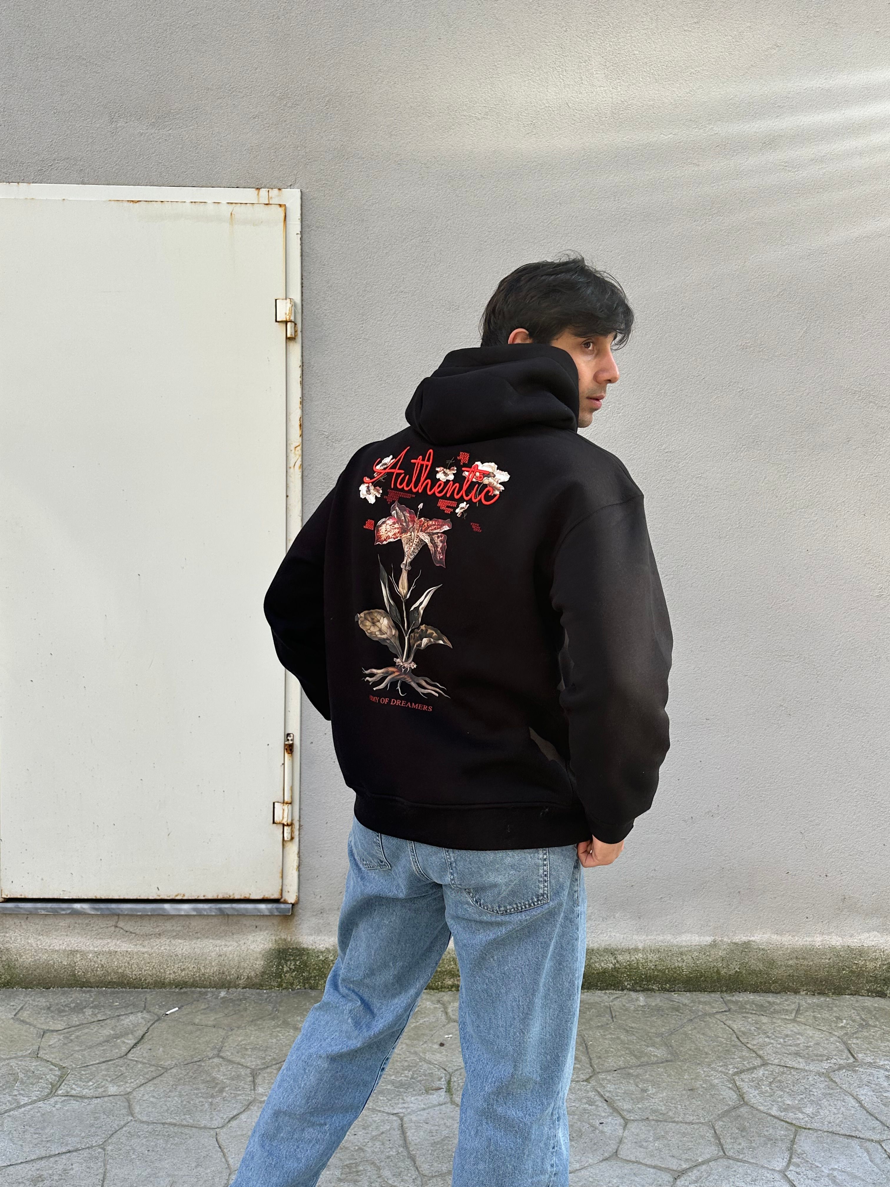 Özel Tasarım Oversize 'Authentic' Baskılı Nakışlı Unisex Hoodie Siyah