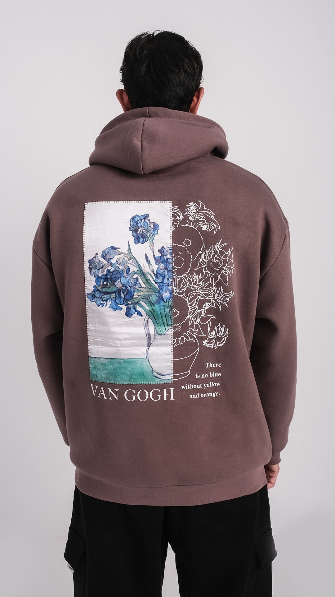 Özel Tasarım Oversize Van Gogh Baskılı Nakışlı Unisex Hoodie Kahverengi  