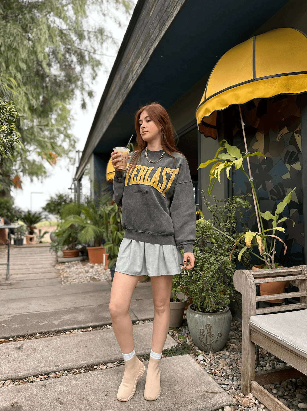 Oversize Füme 'Everlast' Baskılı Yıkamalı Kumaş Unisex Sweatshirt 