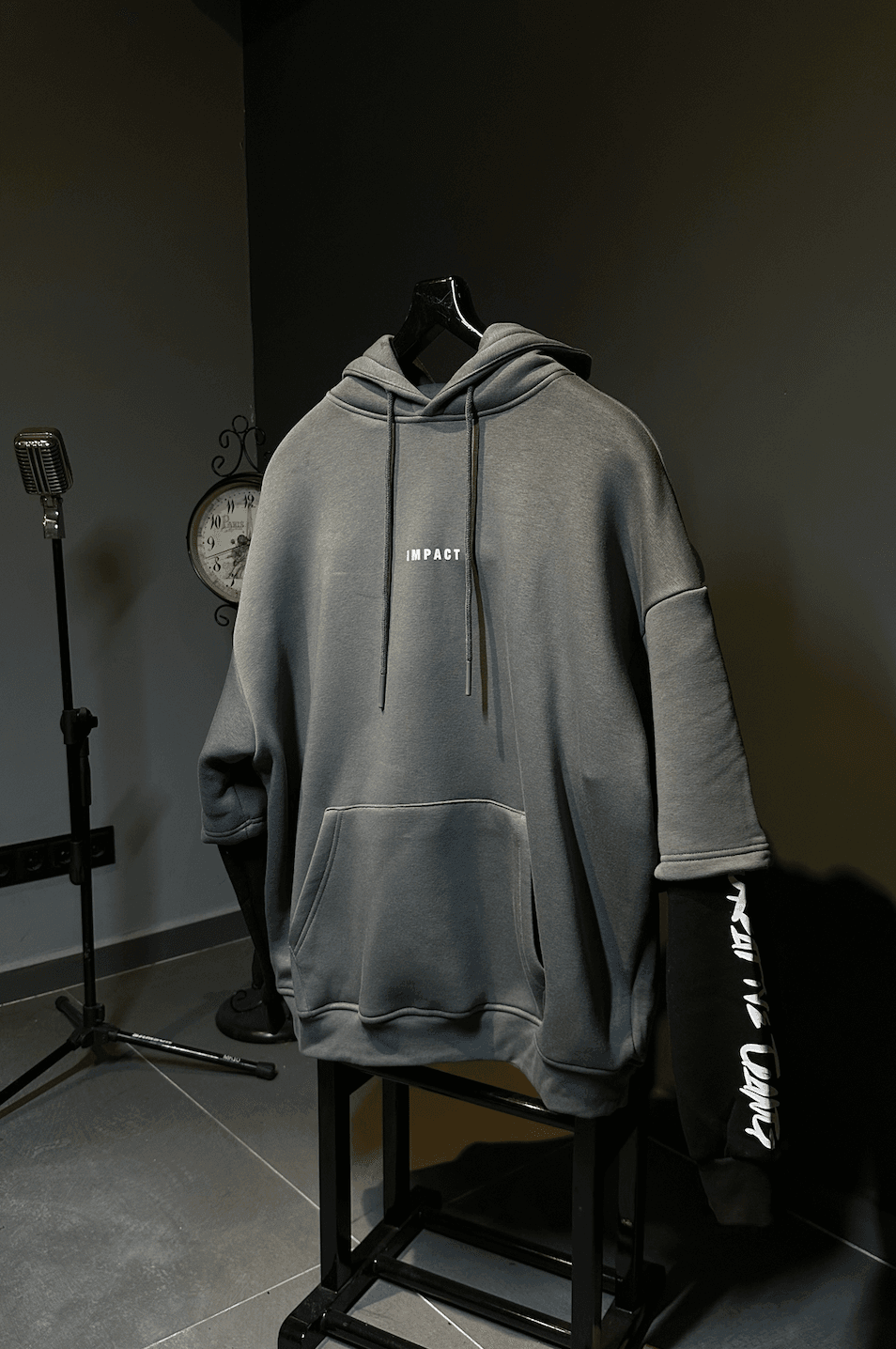  Premium Oversize 'Impact' Baskılı Kol Detaylı Unisex Gri Hoodie