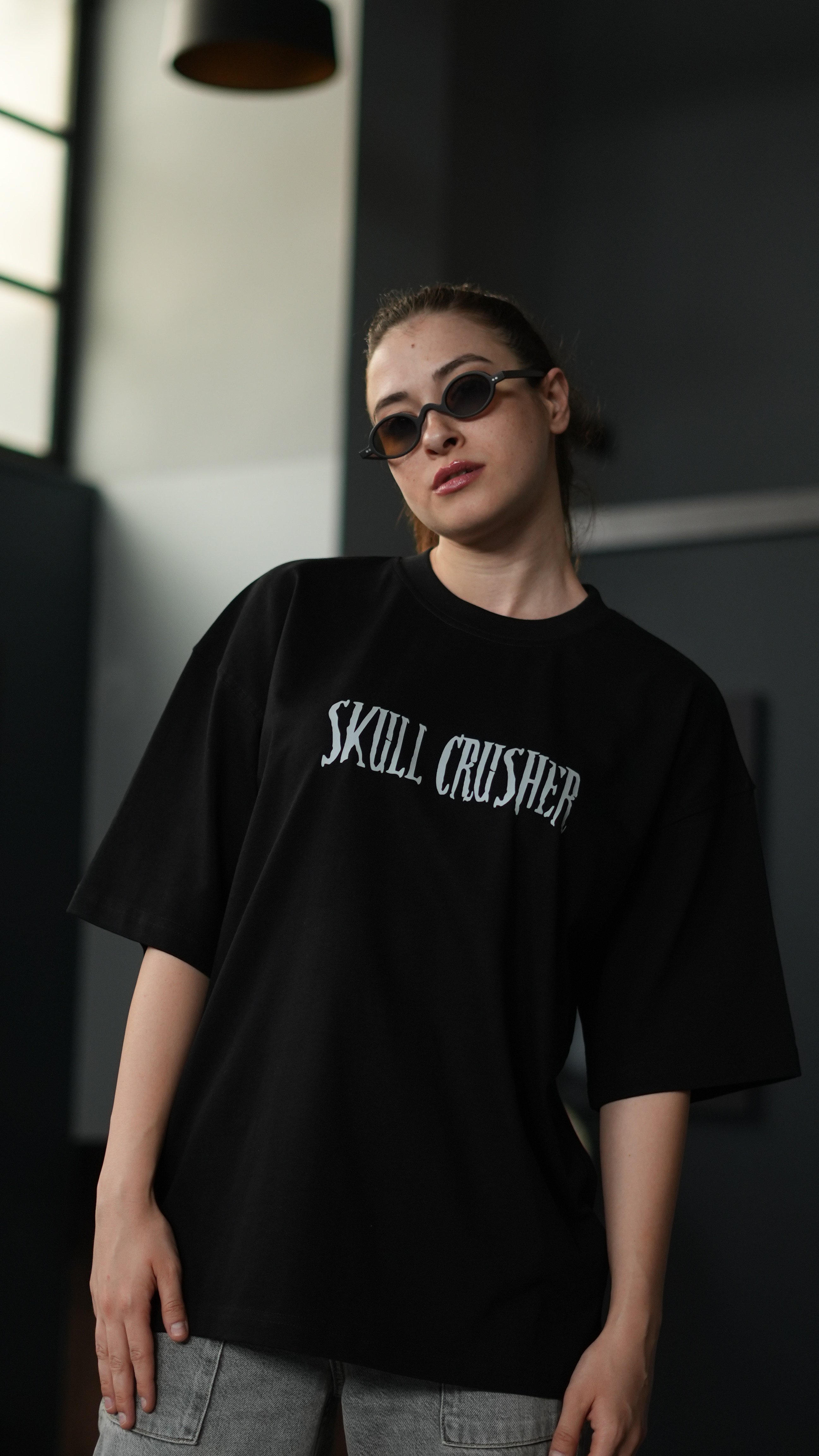 Oversize %100 Pamuk 'Skull Crusher' Baskılı Unisex T-Shirt Siyah