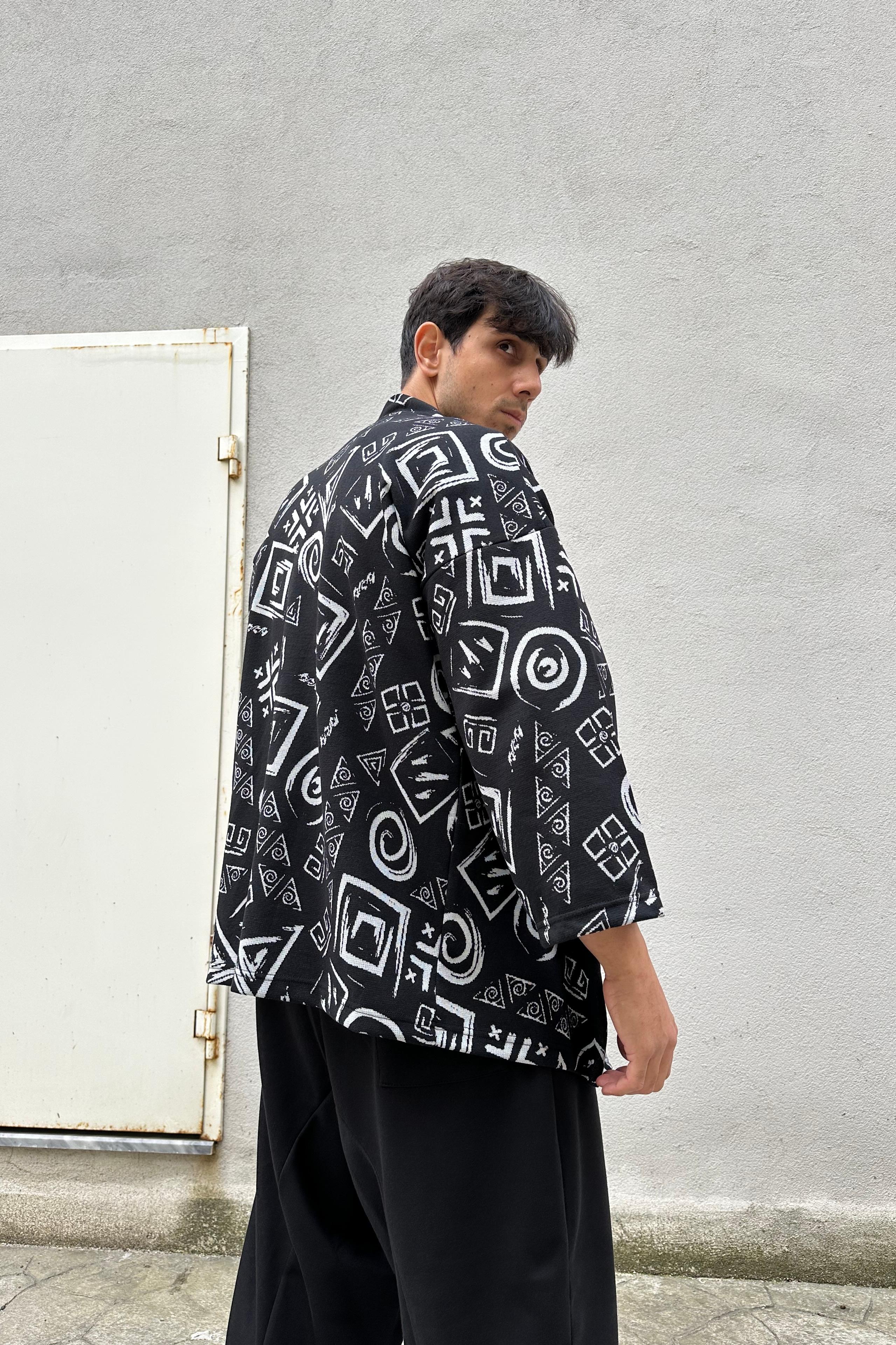 Oversize Spiral Desenli Siyah Kimono