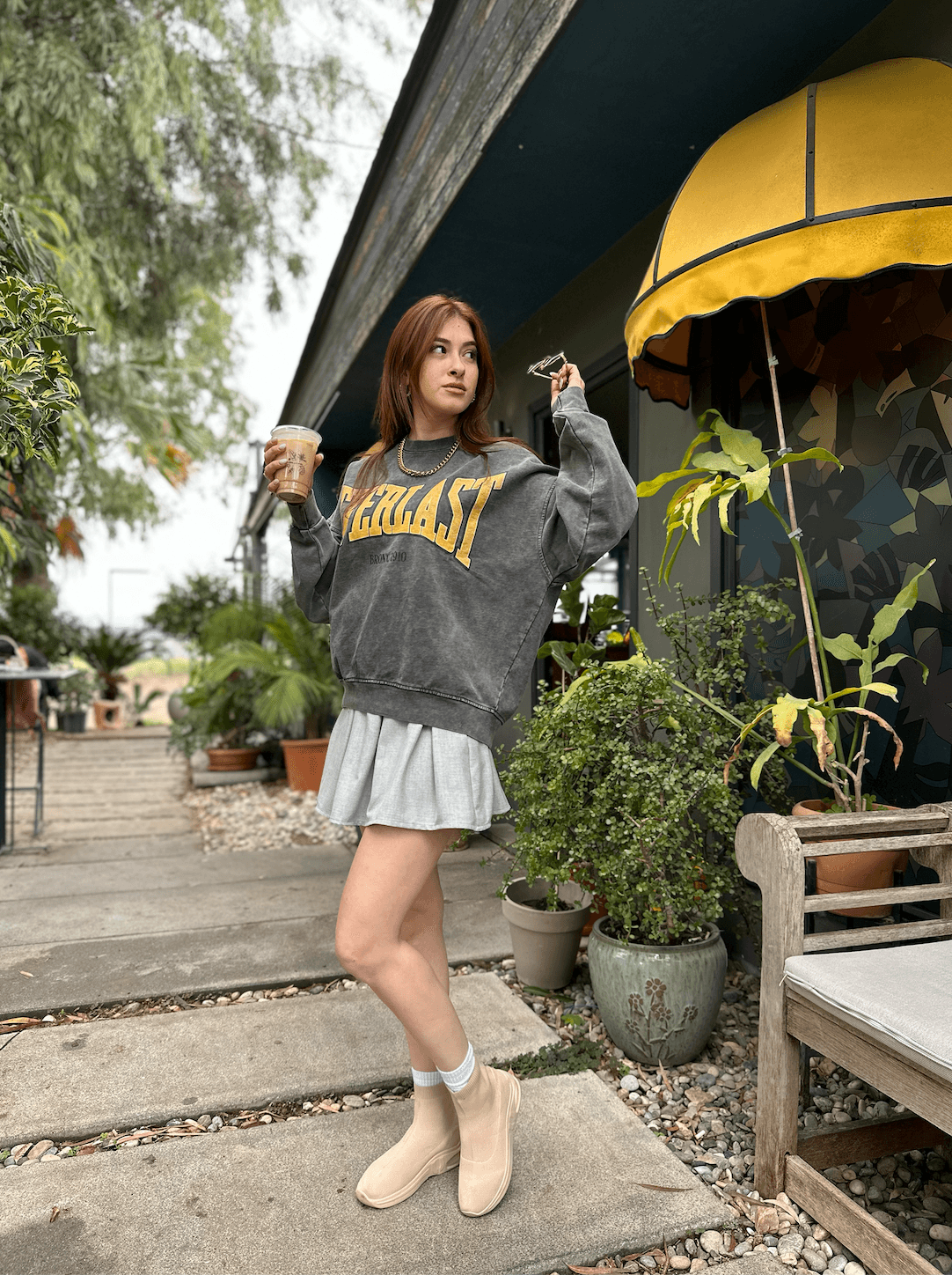 Oversize Füme 'Everlast' Baskılı Yıkamalı Kumaş Unisex Sweatshirt 