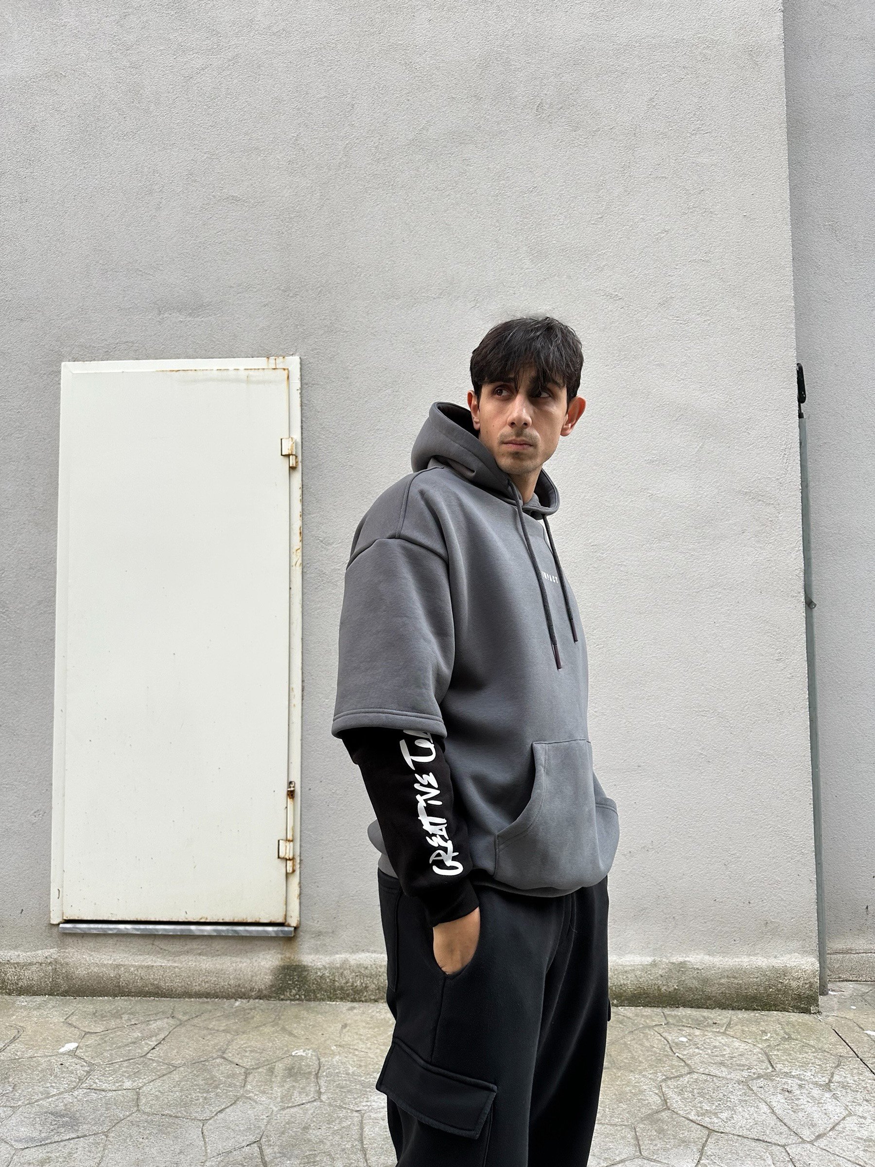  Premium Oversize 'Impact' Baskılı Kol Detaylı Unisex Gri Hoodie