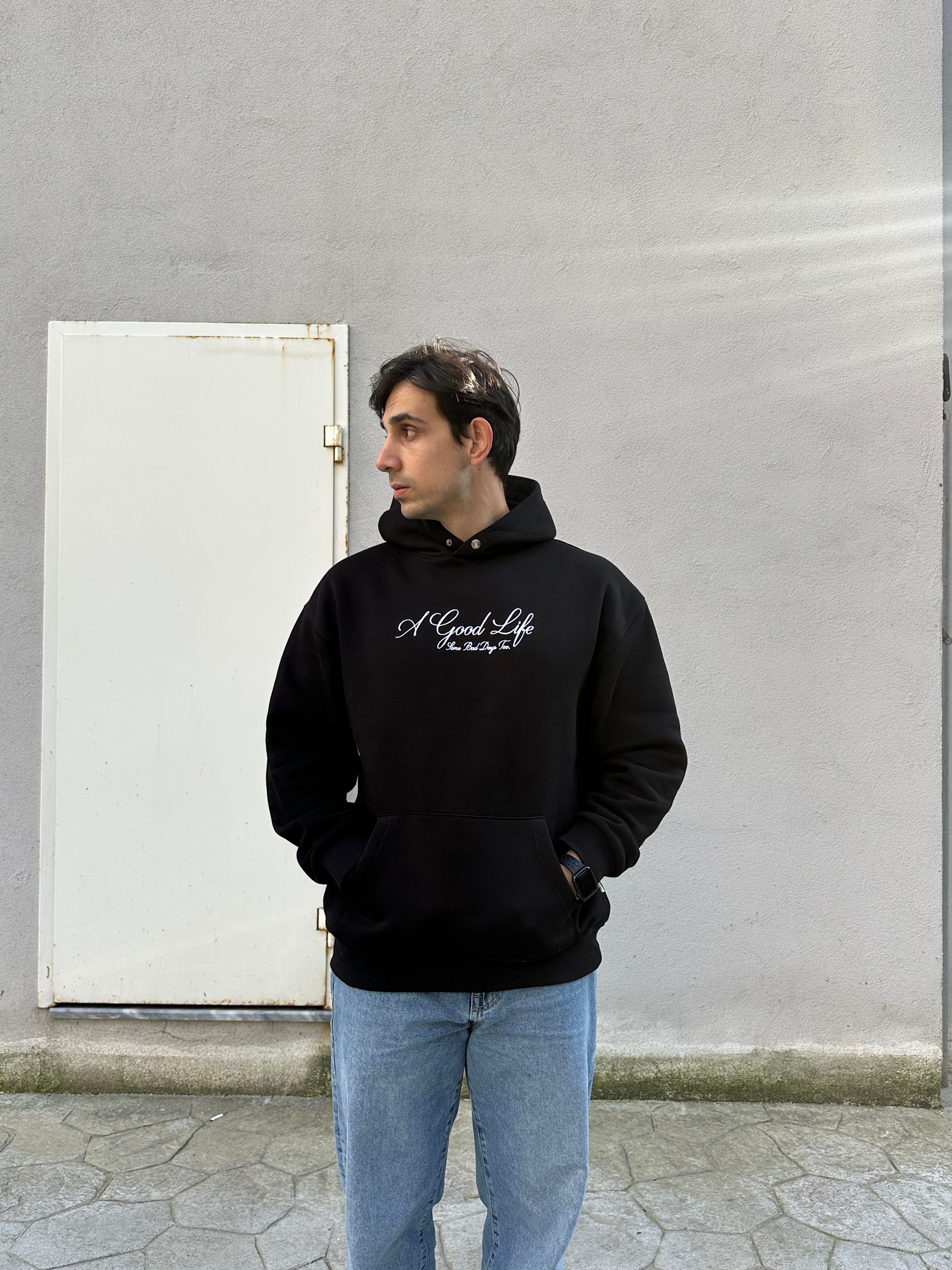 Özel Tasarım Oversize 'Good Life' Baskılı Nakışlı Unisex Hoodie Siyah