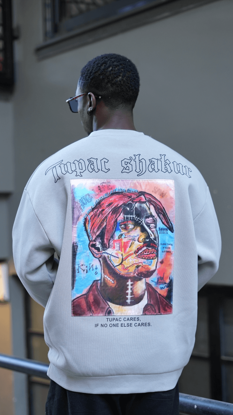 Özel Tasarım Oversize Tupac Baskılı Nakışlı Unisex Sweatshirt Gri