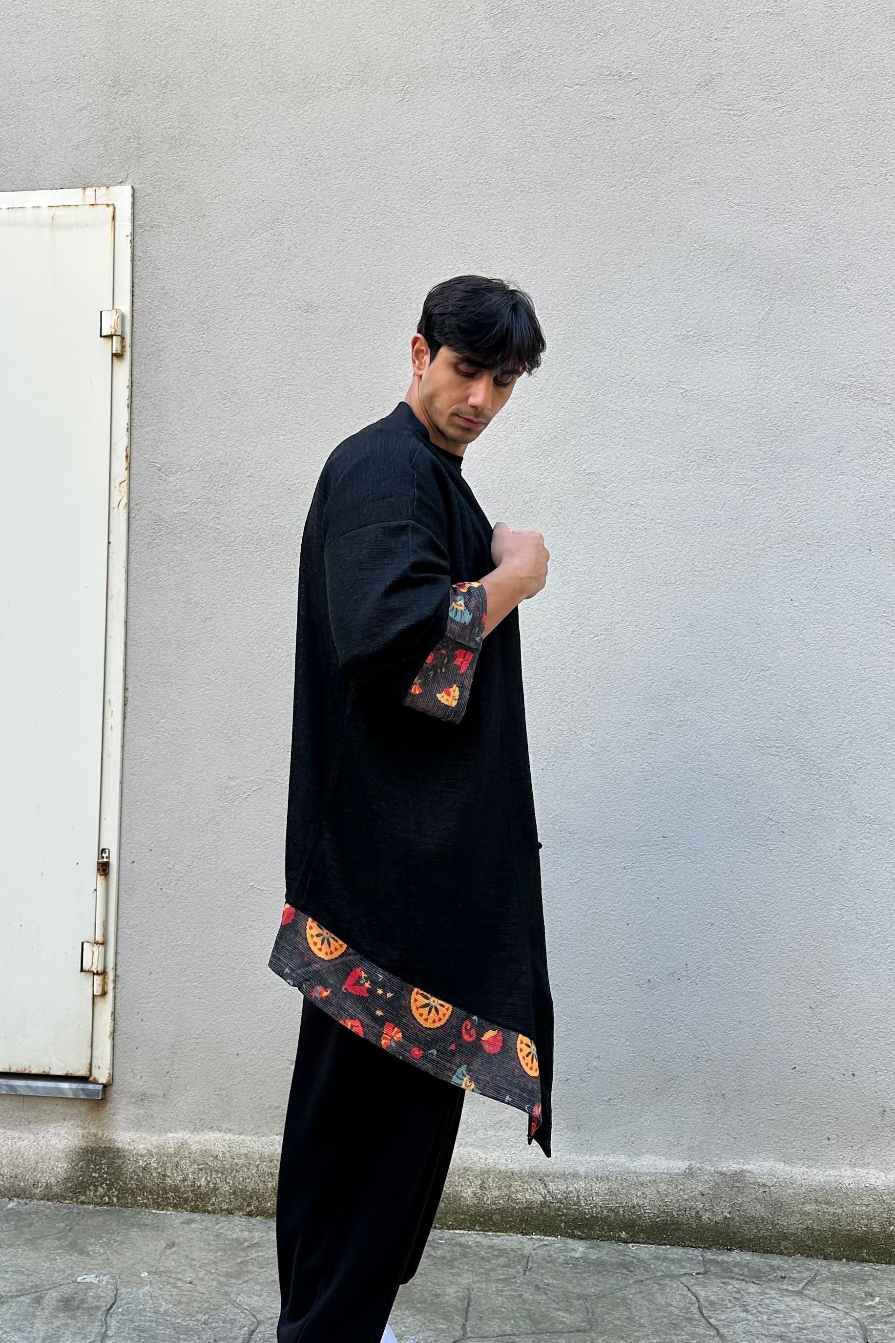 Oversize Desen Detaylı Unisex Siyah Kimono