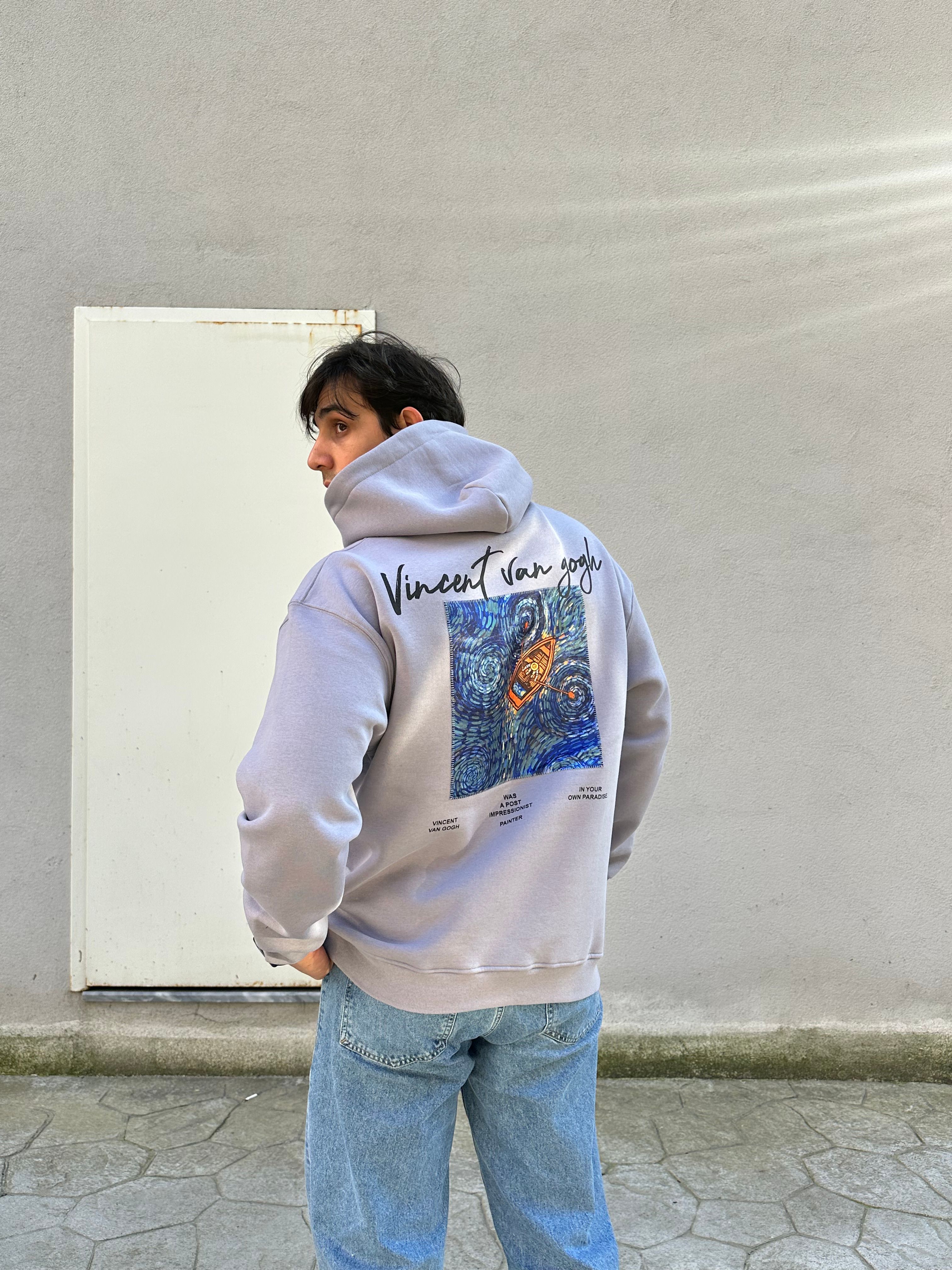 Özel Tasarım Oversize Van Gogh Baskılı Nakışlı Unisex Hoodie Gri