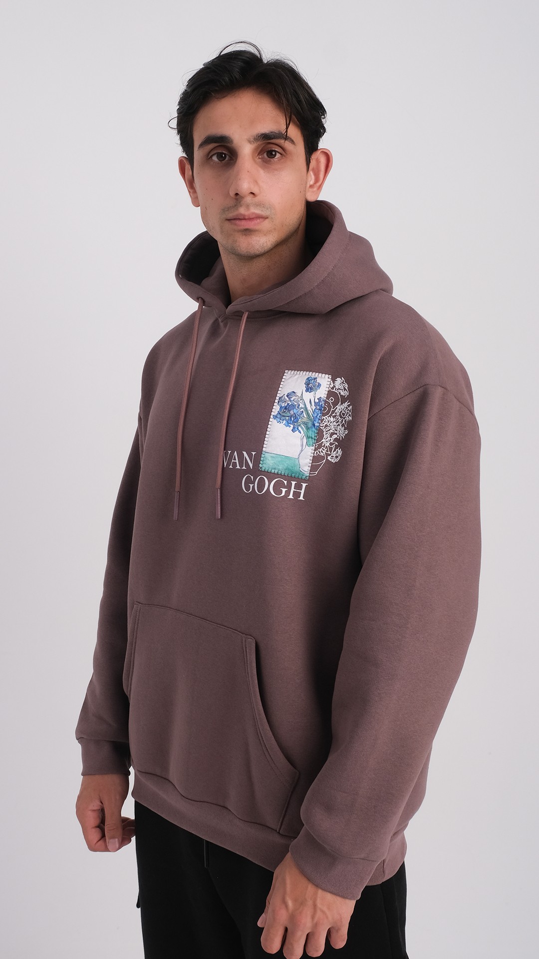 Özel Tasarım Oversize Van Gogh Baskılı Nakışlı Unisex Hoodie Kahverengi  